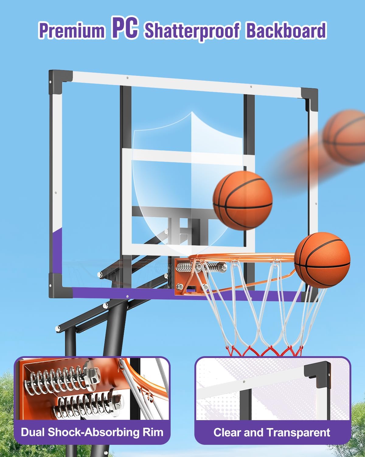 TONBUX Basketball Hoop Outdoor 44/48 Inch Shatterproof PC Backboard, 5.25-10FT Stepless Adjustable Height, Portable Basketball Hoop for Kids/Teens/Adults in Backyard, Driveway and Indoor