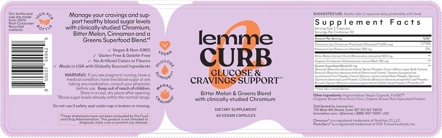Lemme Curb - Cravings, Improve Carb Metabolism, Weight Management Support, Clinically Studied Chromium Picolinate, Bitter Melon, Ceylon Cinnamon & Greens Superfood - 60 Count (Pack of 2)