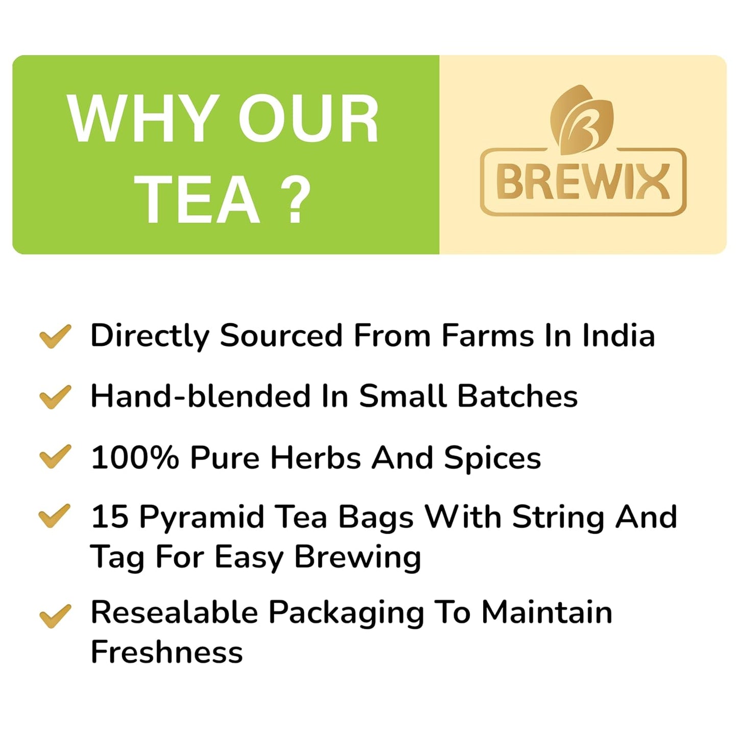 BREWIX Holy Basil Tea Bags (15 Pyramid Tea Bags) | Tee With Tulsi Leaves and Chamomile | Caffeine Free, Calming Herbal Tea With Fresh and Cool Flavor