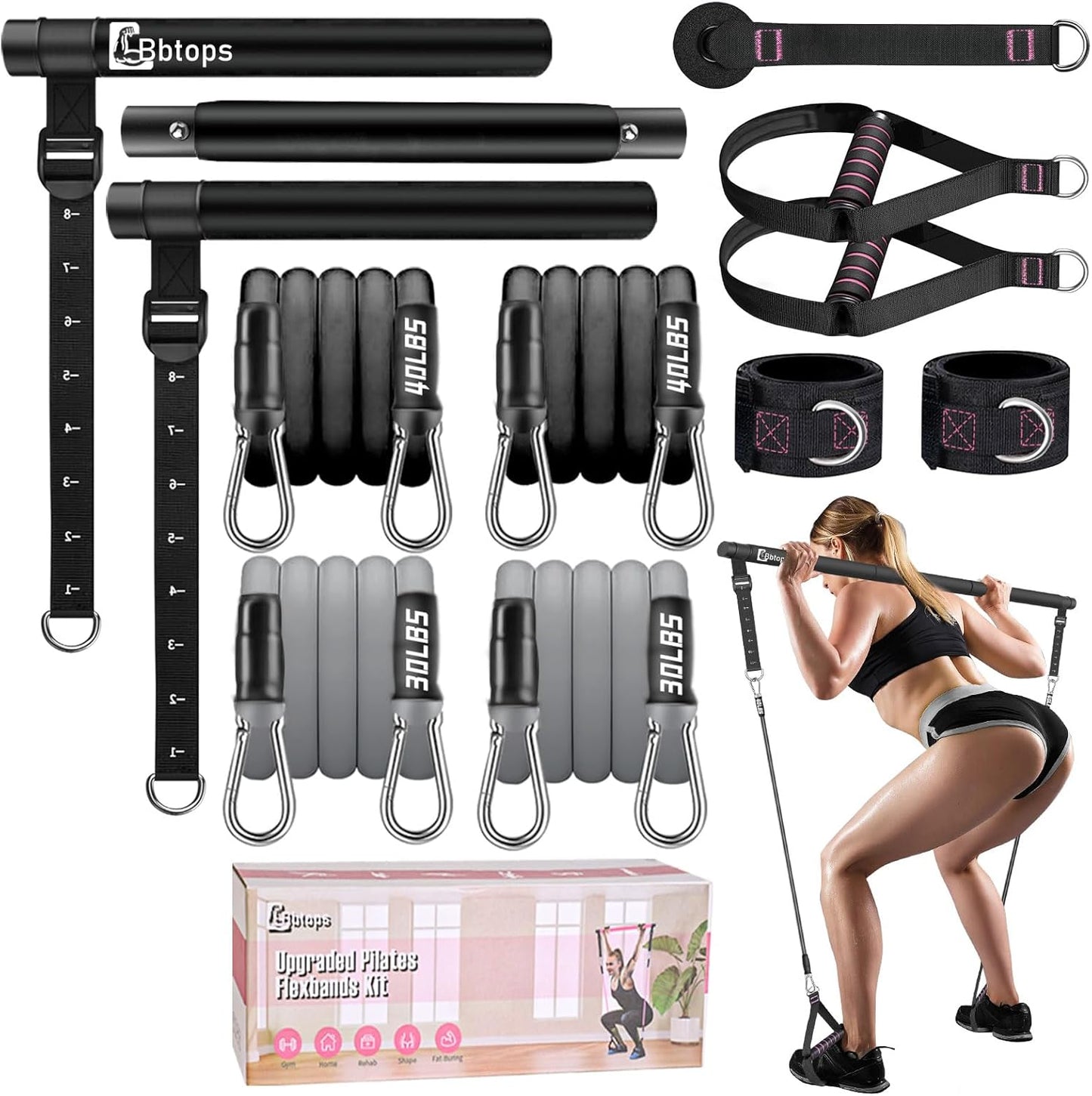 Pilates Bar Kit with Resistance Bands,Pilates Bar with Stackable Bands Workout Equipment for Legs,Hip,Waist and Arm,Exercise Fitness Equipment for Women & Men Home Gym Yoga Pilates