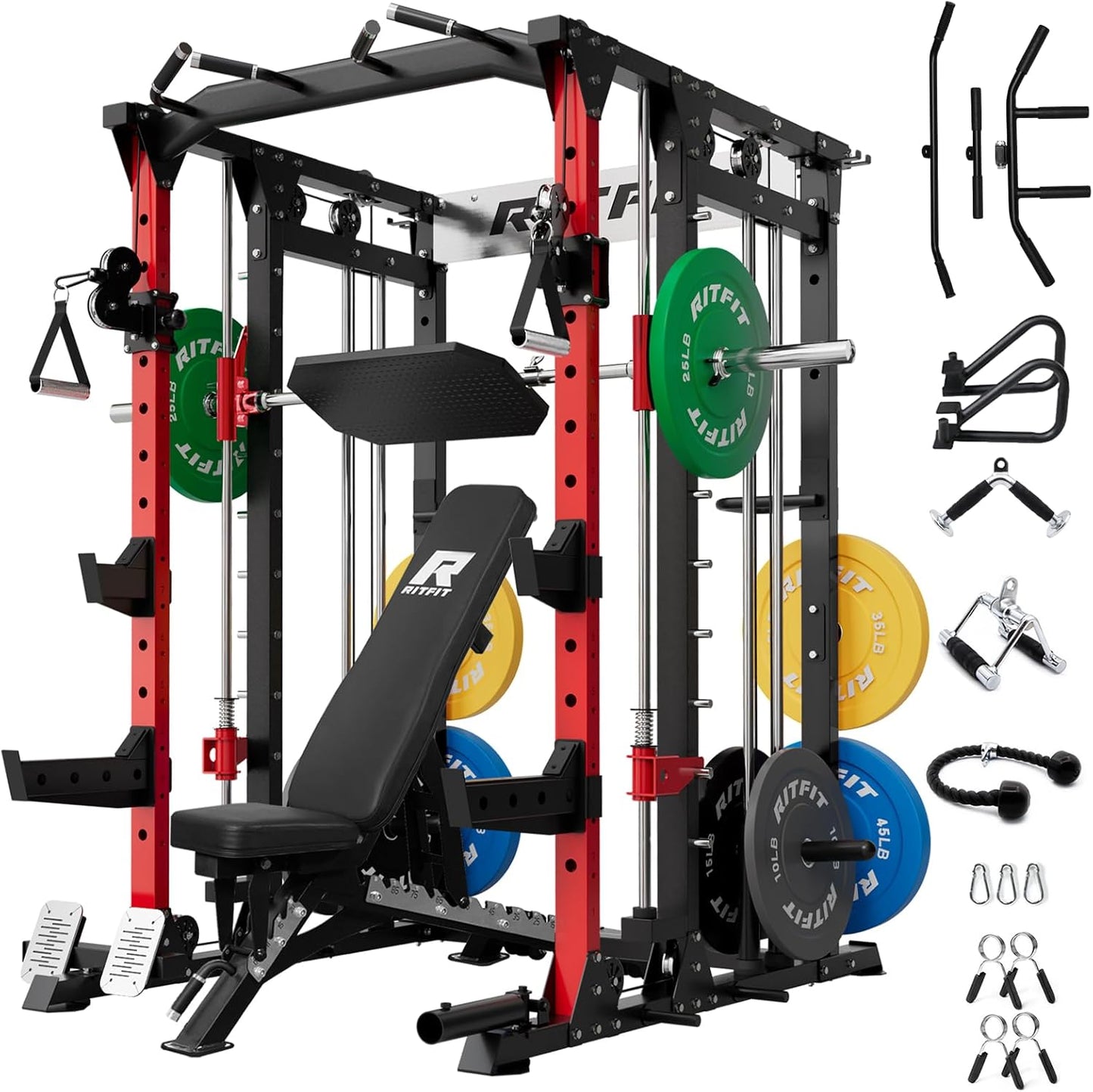 RitFit Buffalo Smith Machine, Power cage with LAT-Pull Down System & Cable Crossover System, All-in-One Squat Rack for Home Gym, Power Rack