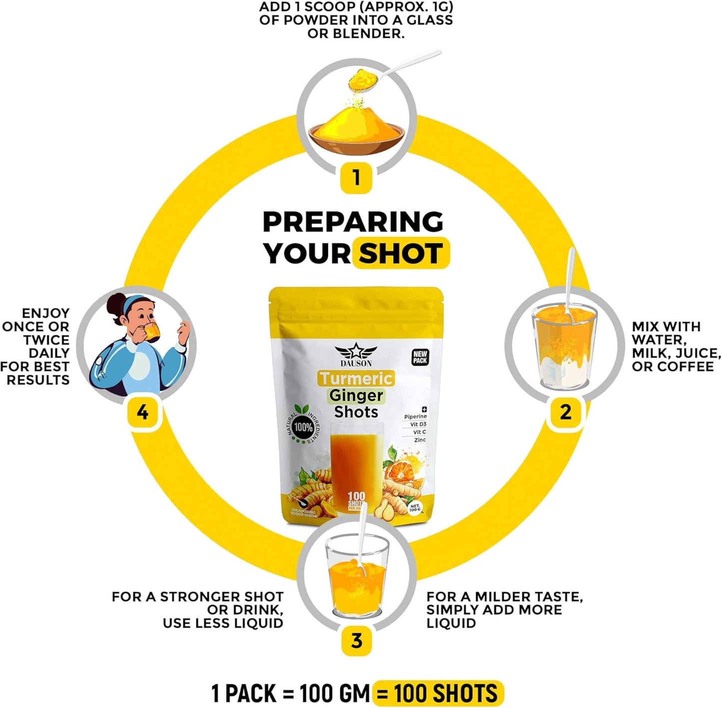 Turmeric Ginger Supplements with Piperine, Vitamin C, Vitamin D3 & Zinc | Turmeric Ginger Shots for Joint, Heart, Brain, Gut & Skin Health | 100 Servings | Ayurvedic | Powder