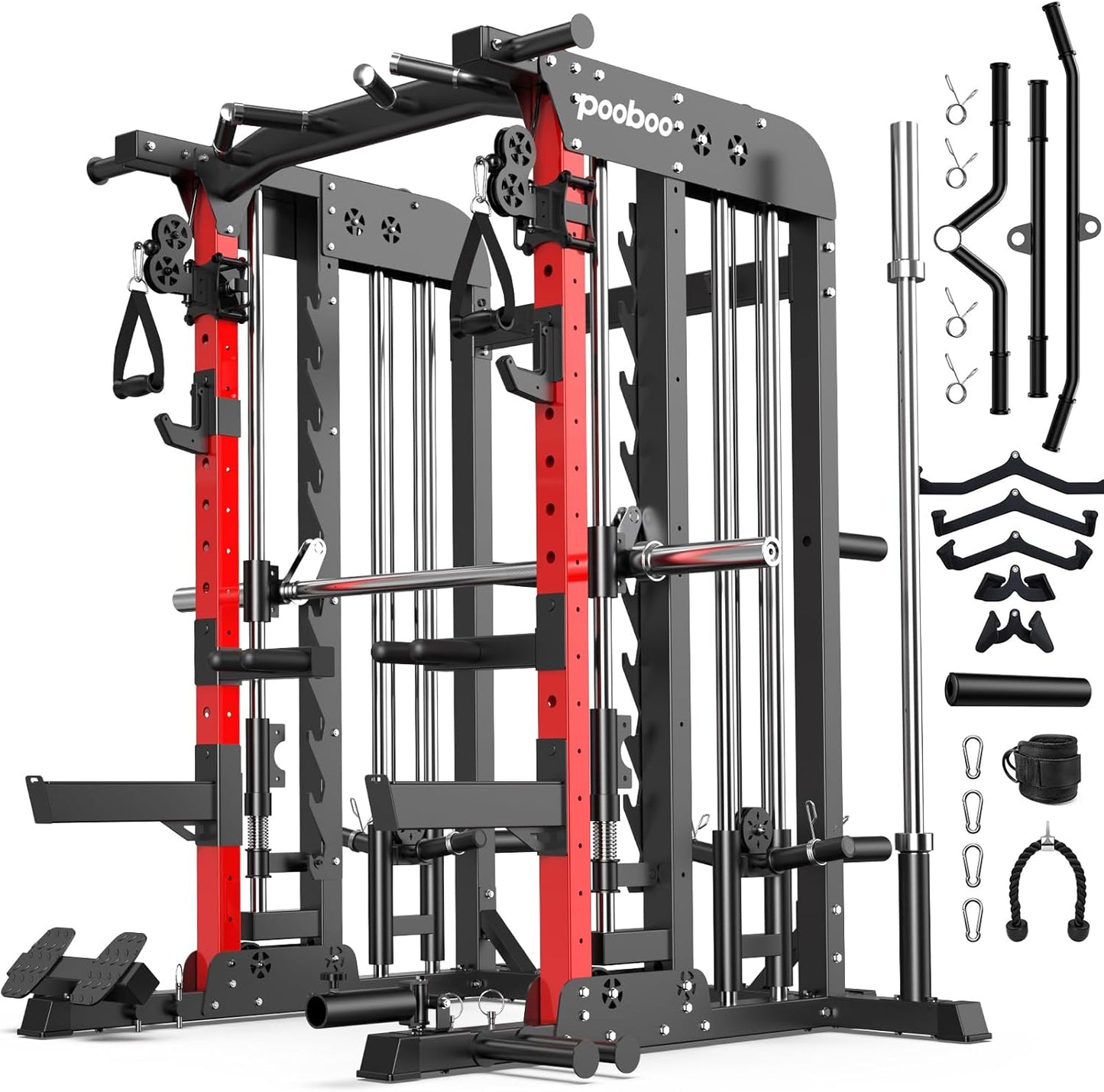 Pooboo Multi-Functional Machine Power Cage, 2000LB Squat Rack, LAT-Pull Down System, Dual Pulley Cable Crossover System, Home Gym Workout Machine with Strength Training Attachments