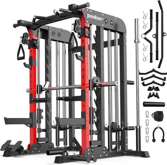 Pooboo Multi-Functional Machine Power Cage, 2000LB Squat Rack, LAT-Pull Down System, Dual Pulley Cable Crossover System, Home Gym Workout Machine with Strength Training Attachments