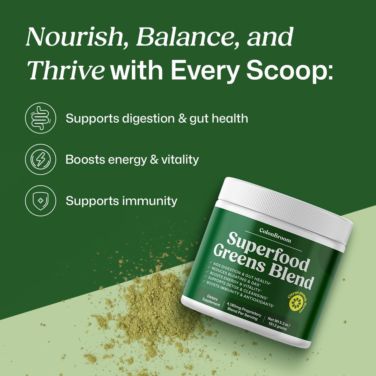 ColonBroom Superfood Greens Powder Supplement | Super Greens Juice Powder with Probiotics, Prebiotics, Spirulina & Chlorella | Natural for Energy, Immunity, Digestion & Detox Support | 56 Servings