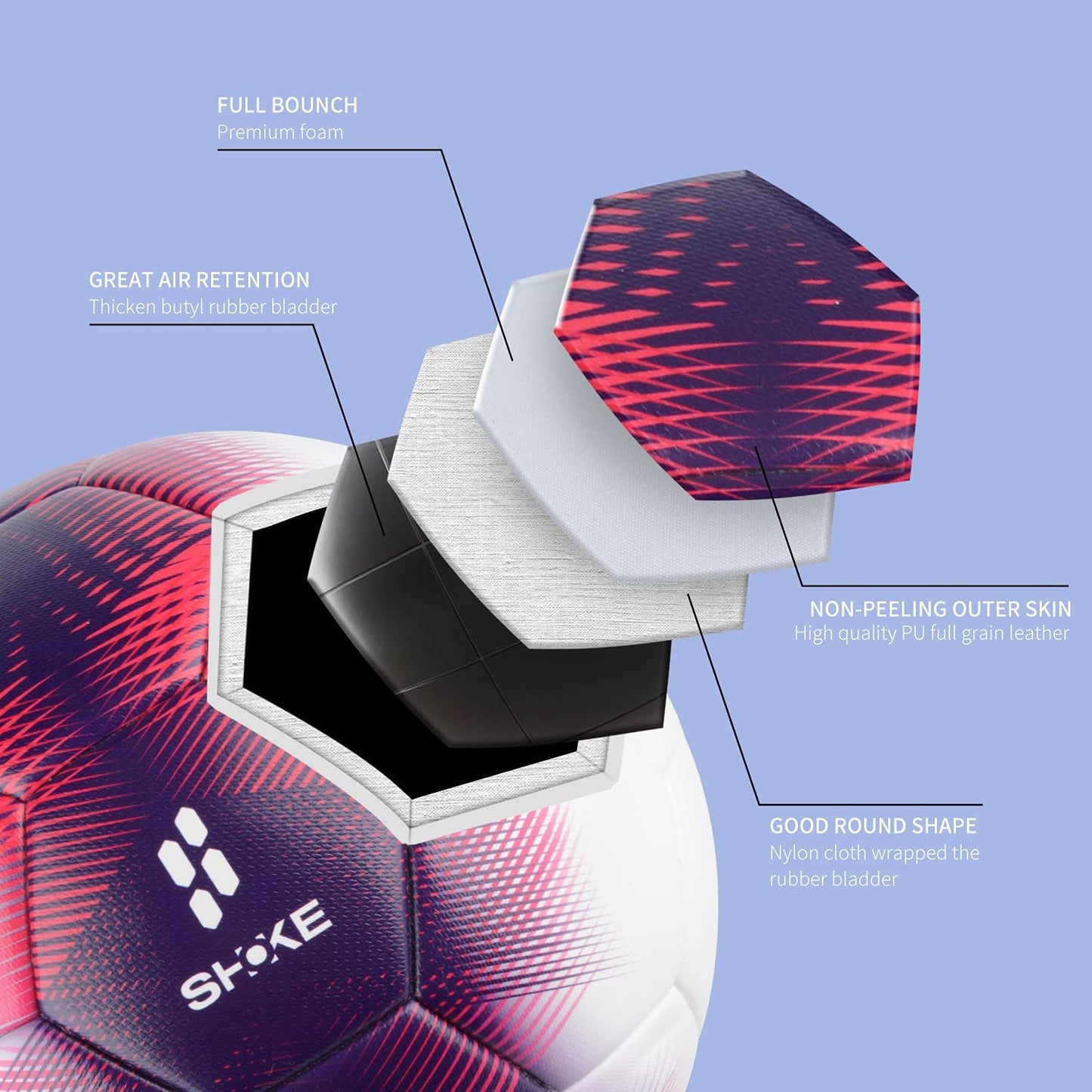 SHOKE Soccer Ball Size 5 Official Size Soccer Ball Thermal Bonded Training Slip Resistant