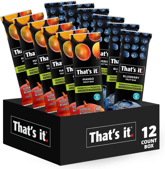 That's it. Probiotic Fruit Bar Variety Pack, Mango & Blueberry Flavors, Just Real Fruit + Probiotics, 100 Calories Per Bar, All Natural, 2-3 Ingredients, Shelf Stable, Allergy-Friendly (12 Count)