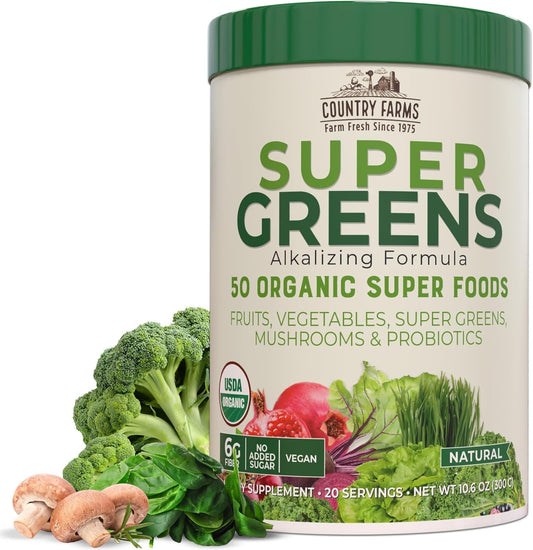 COUNTRY FARMS Organic Super Greens Natural Flavor, 50 Organic Super Foods, Packed with Fiber, USDA Organic Drink Mix, Fruits, Vegetables, Mushrooms & Probiotics, Supports Energy, 6g Fiber