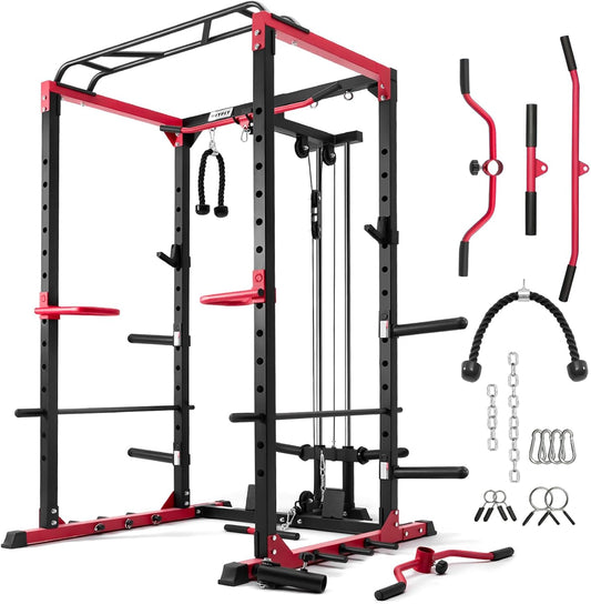 RitFit All-in-One Squat Rack for Home Gym, PPC02C Multi-Function 1000 LBS Capacity Power Cage with LAT Pulldown, Pulley System, Dip Bar, Landmine & More Power Rack Attachments, Package