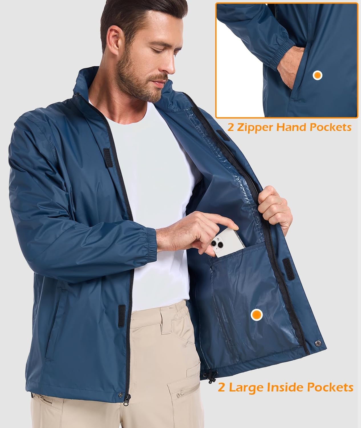 MANSDOUR Men's Packable Rain Jacket Waterproof Lightweight Windbreaker Cycling Golf Hiking Reflective Raincoat with Hood