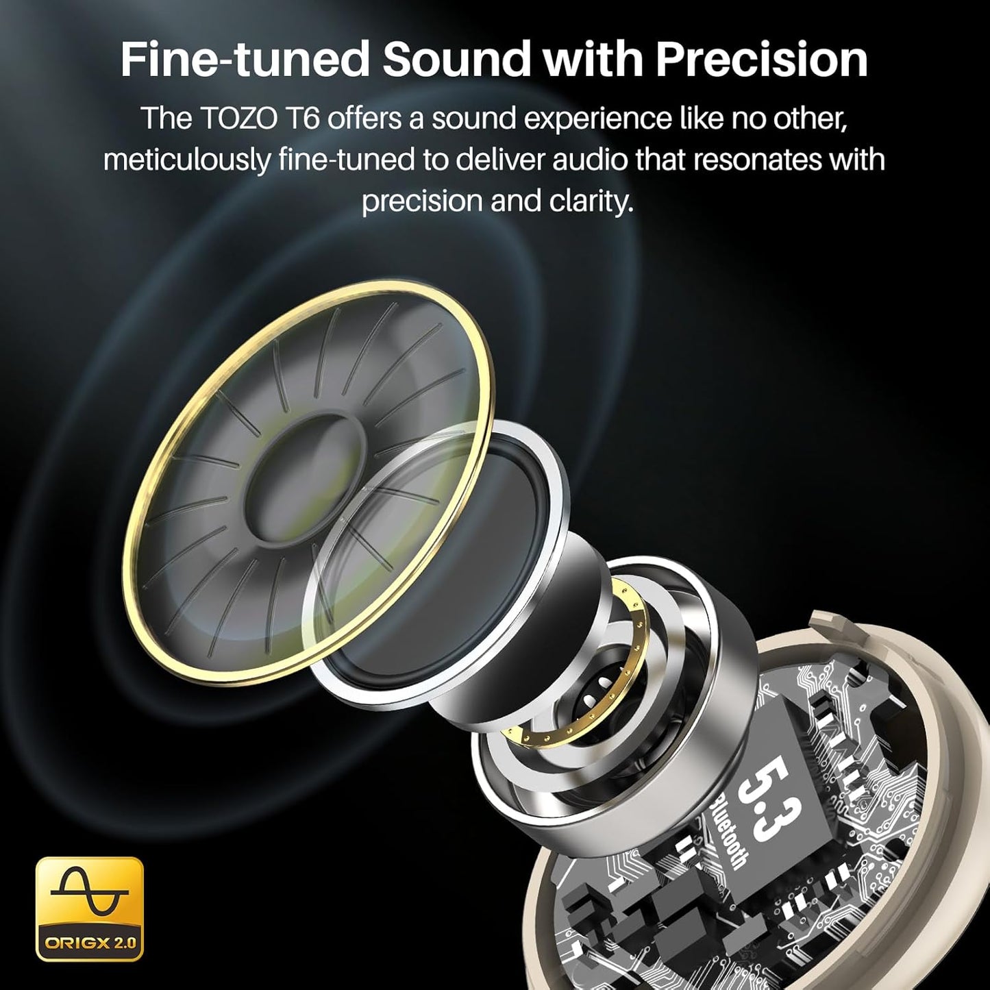 TOZO T6 Wireless Earbuds, Bluetooth 5.3 Ear Buds, Stereo Sound in Ear Headphones, 50 Hours Playtime, Wireless Charging Case, APP Customizable EQs, IPX8 Waterproof Earphones