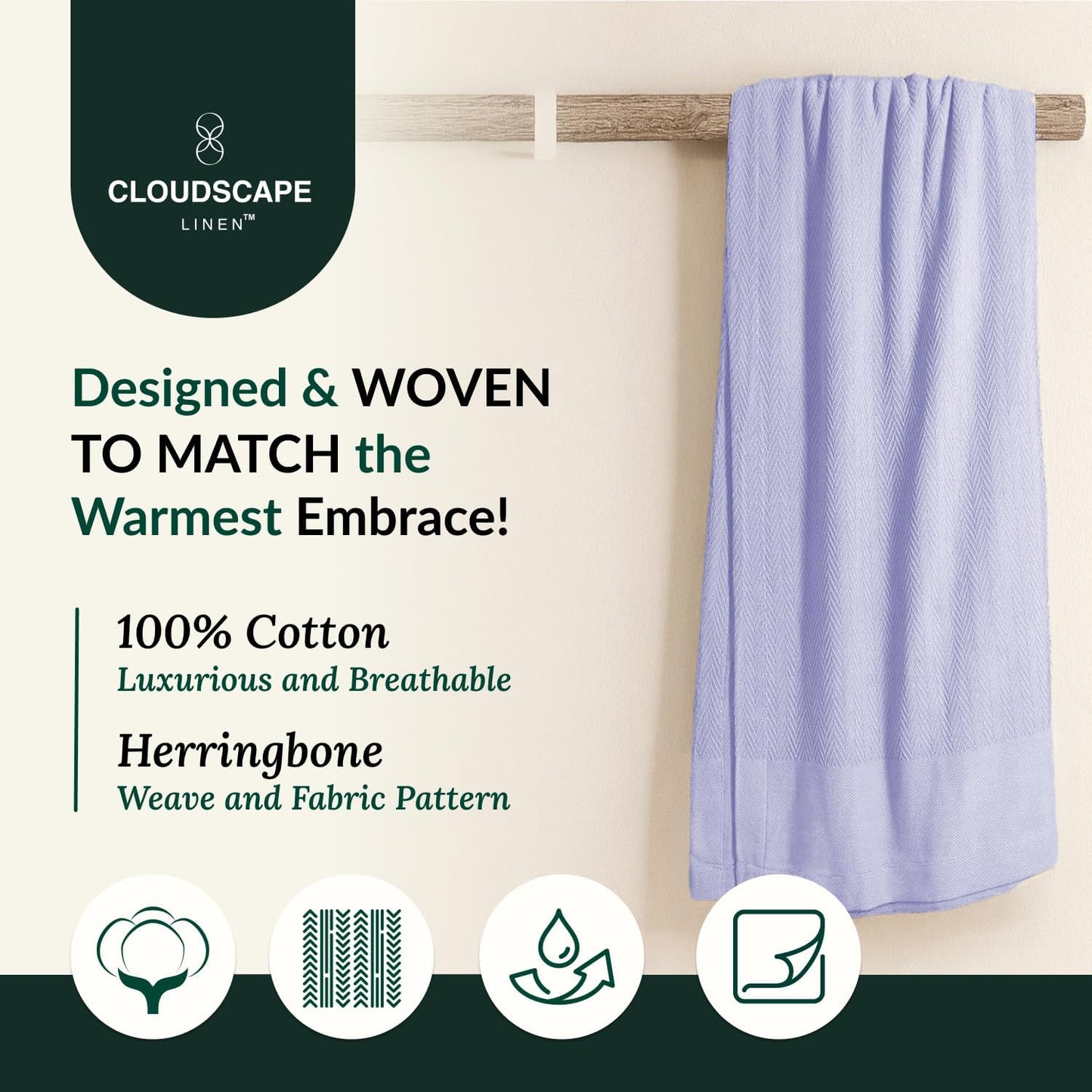 Cloud Scape Linen Herringbone Cotton Throw Blanket for Couch, Bed,Sofa, Home Decor, Soft, Lightweight, All-Season Bed Blanket, 50 x 70, Lavender Blue