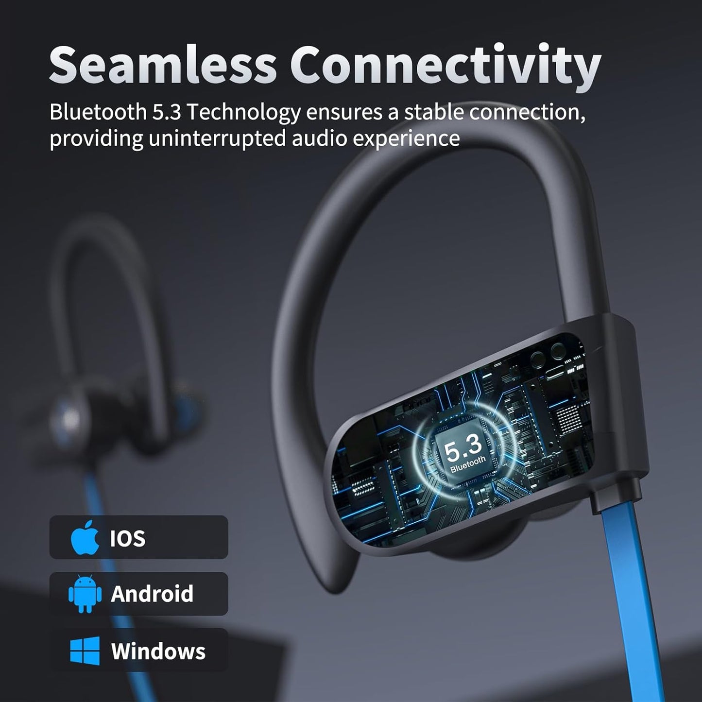 JOYWISE Wireless Headphones Bluetooth 5.3 Headphones with 16 Hours Playtime, Over-Ear Stereo Bass Earphones with Earhooks Headset, Sports Earbuds with Storage Bag for Running, Blue