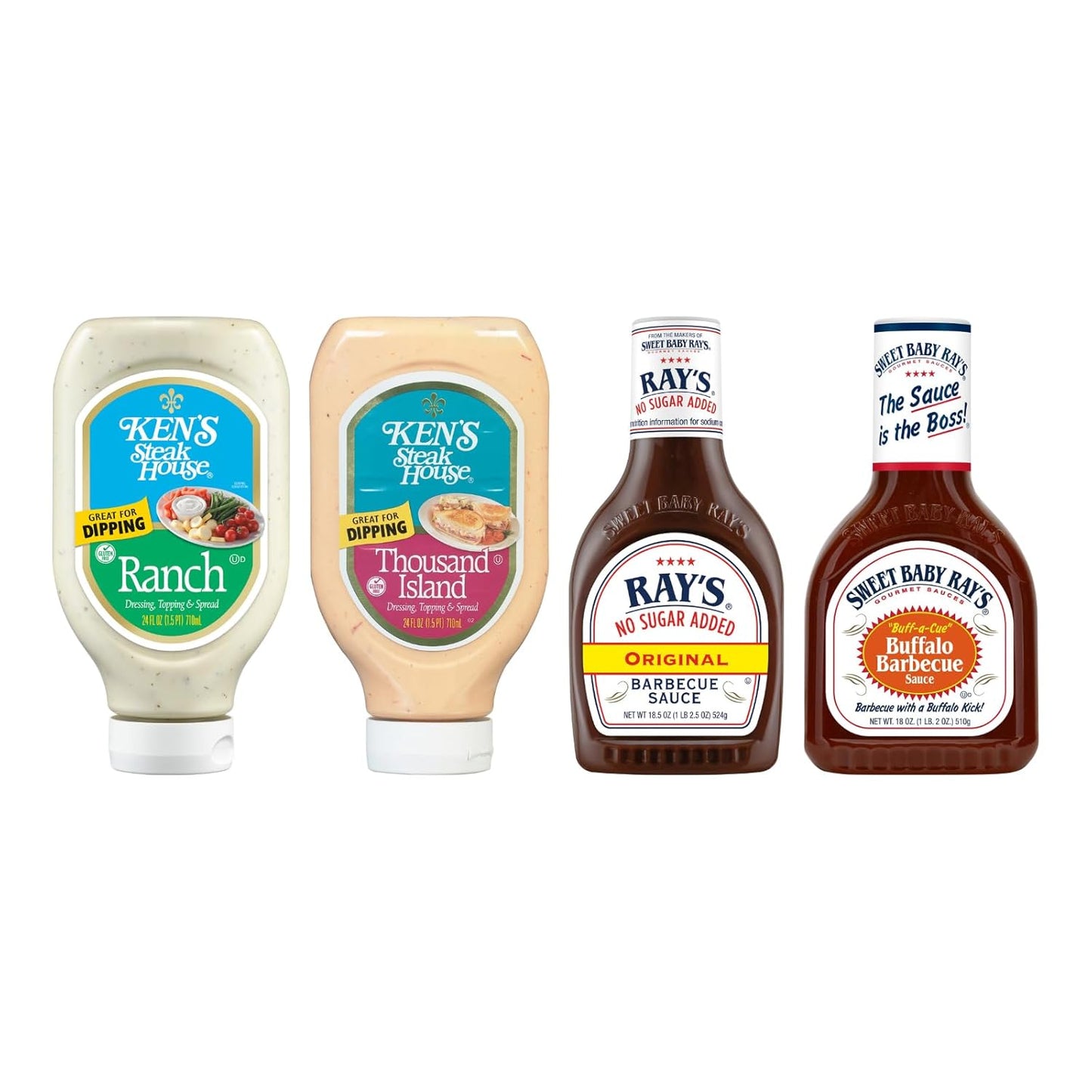 Ken's Steak House And Sweet Baby Ray's Sauce & Dressing Variety Pack - (BBQ Sauce - 18.4oz, Buff-a-Cue Sauce, 18oz, Ranch Dressing, 24oz, & Thousand Island Dressing 24oz) (1Ea)