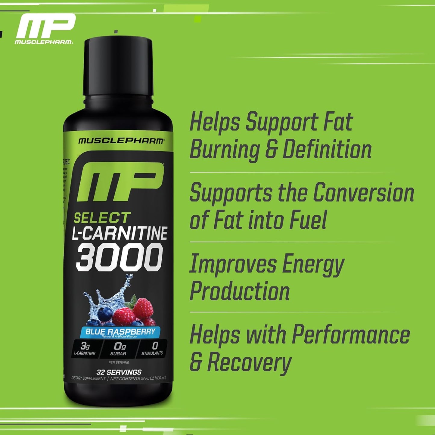Muscle Pharm L-Carnitine 3000, The Ultimate Liquid L Carnitine Supplement for High-Performance, Supports Metabolism, Hydration & Energy, Zero Sugar/Calories, Blue Raspberry Flavor, 32 Servings