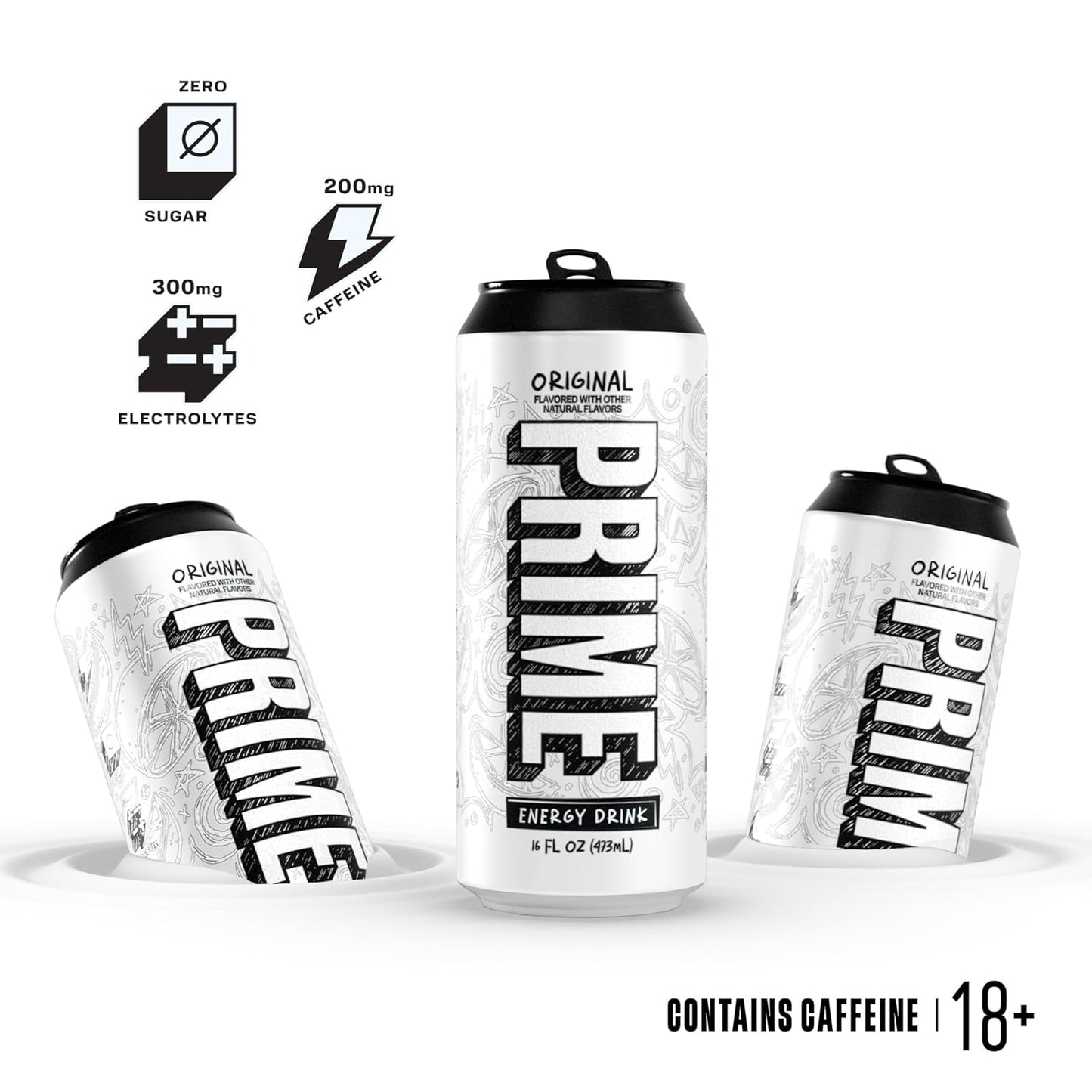 PRIME Energy ORIGINAL, Zero Sugar Energy Drink, 200mg Caffeine and 300mg of Electrolytes for Hydration, Vegan, Gluten Free,16 Fluid Ounce, 12 Pack