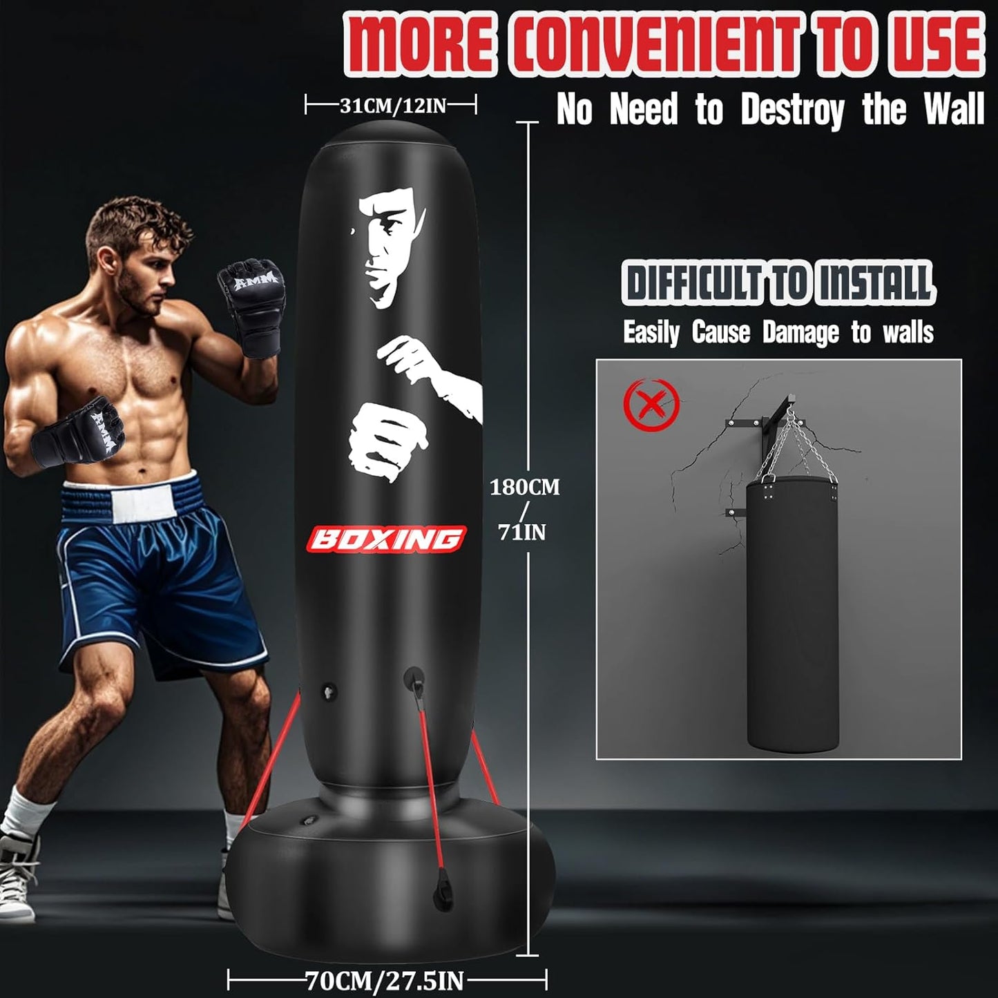 Punching Bag for Adults, 71" Boxing Bag with Stand and Fixed Rope,Free Standing Freestanding Punch Bag with Gloves and Pump, Inflatable Heavy Boxing Bag Set for Adults Teens Men Youth at Home Outdoor