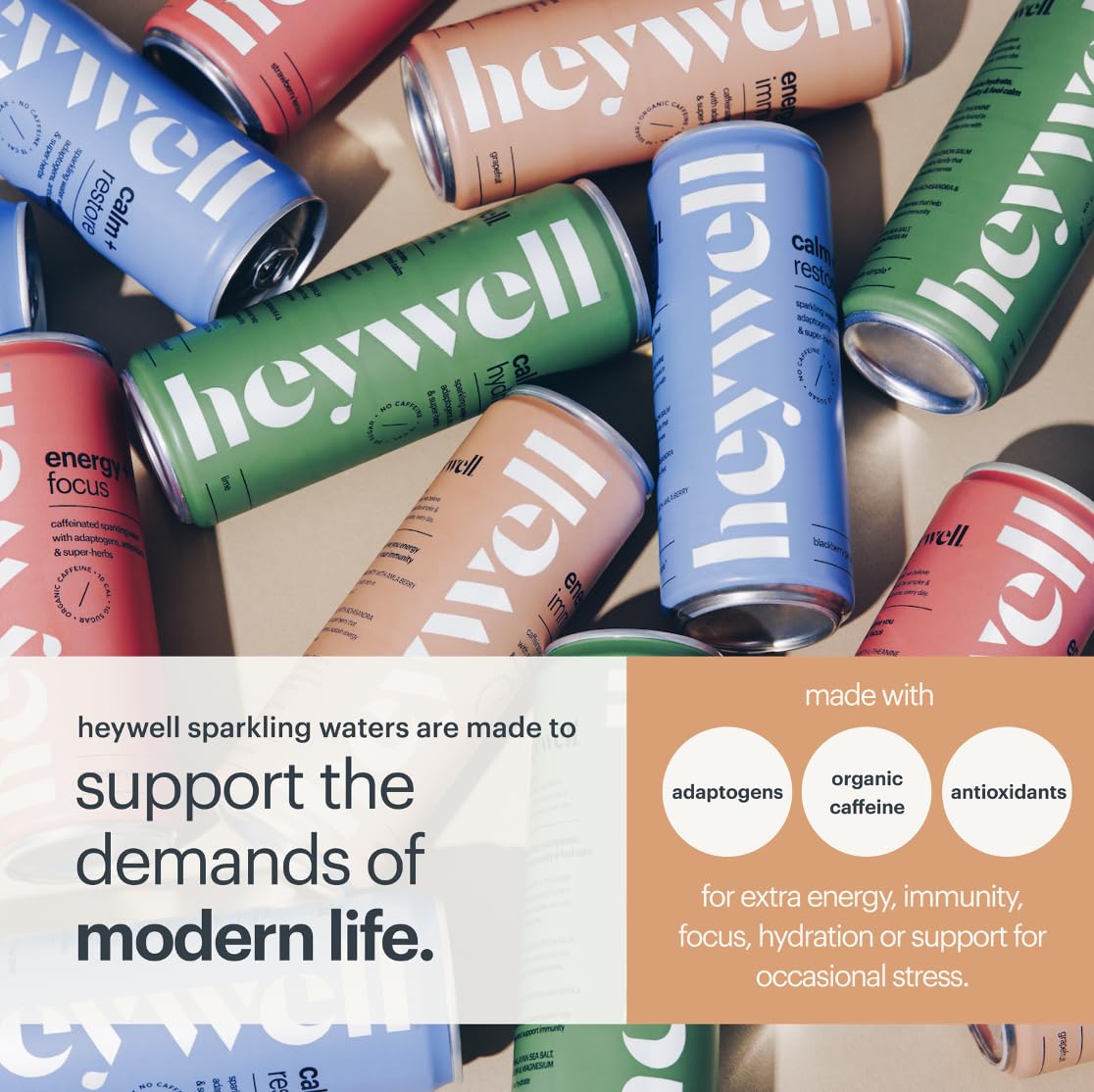 Heywell Sparkling Adaptogenic Water, Variety Pack 12 Fluid Ounce (Pack of 12) Includes - Lime, Grapefruit, Orange Mango, Strawberry Lemon - Calm Drink, Sparkling Drink