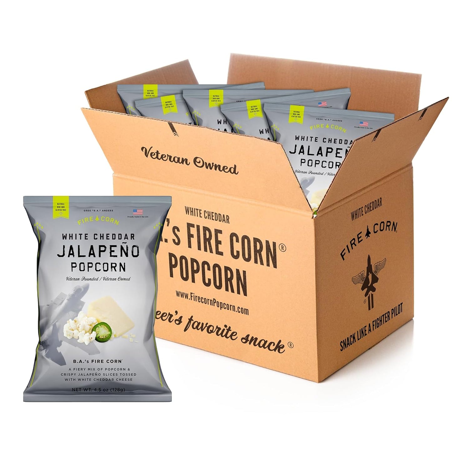Fire Corn Popcorn Pack of 6 Real Jalapeno Popcorn with White Cheddar Flavor Gluten Free, Spicy, Non-GMO, Healthy Snack Founded & Owned by Combat Veteran, 4.5 oz Sharing Bags