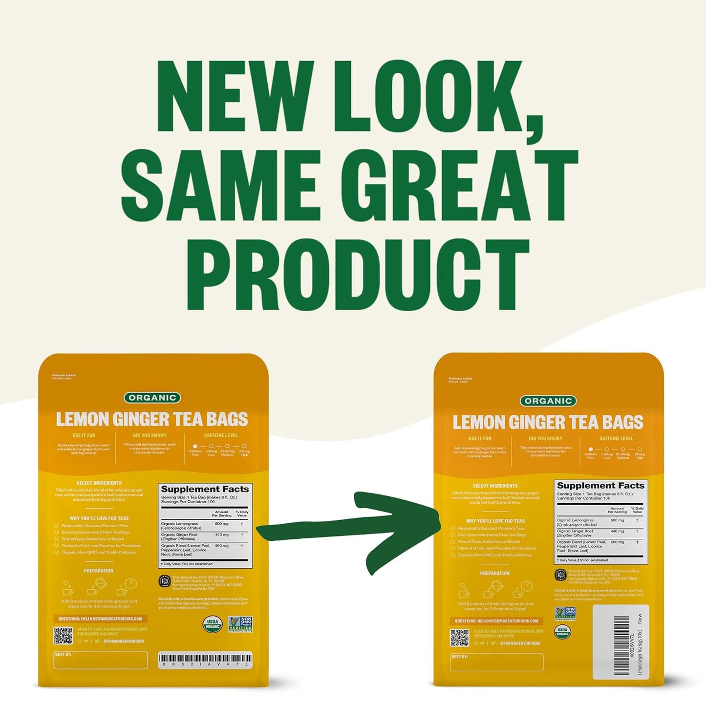 FGO Organic Lemon Ginger Tea, 100 Count, Eco-Conscious Tea Bags, Resealable Bag, Caffeine Free, Packaging May Vary (Pack of 1)