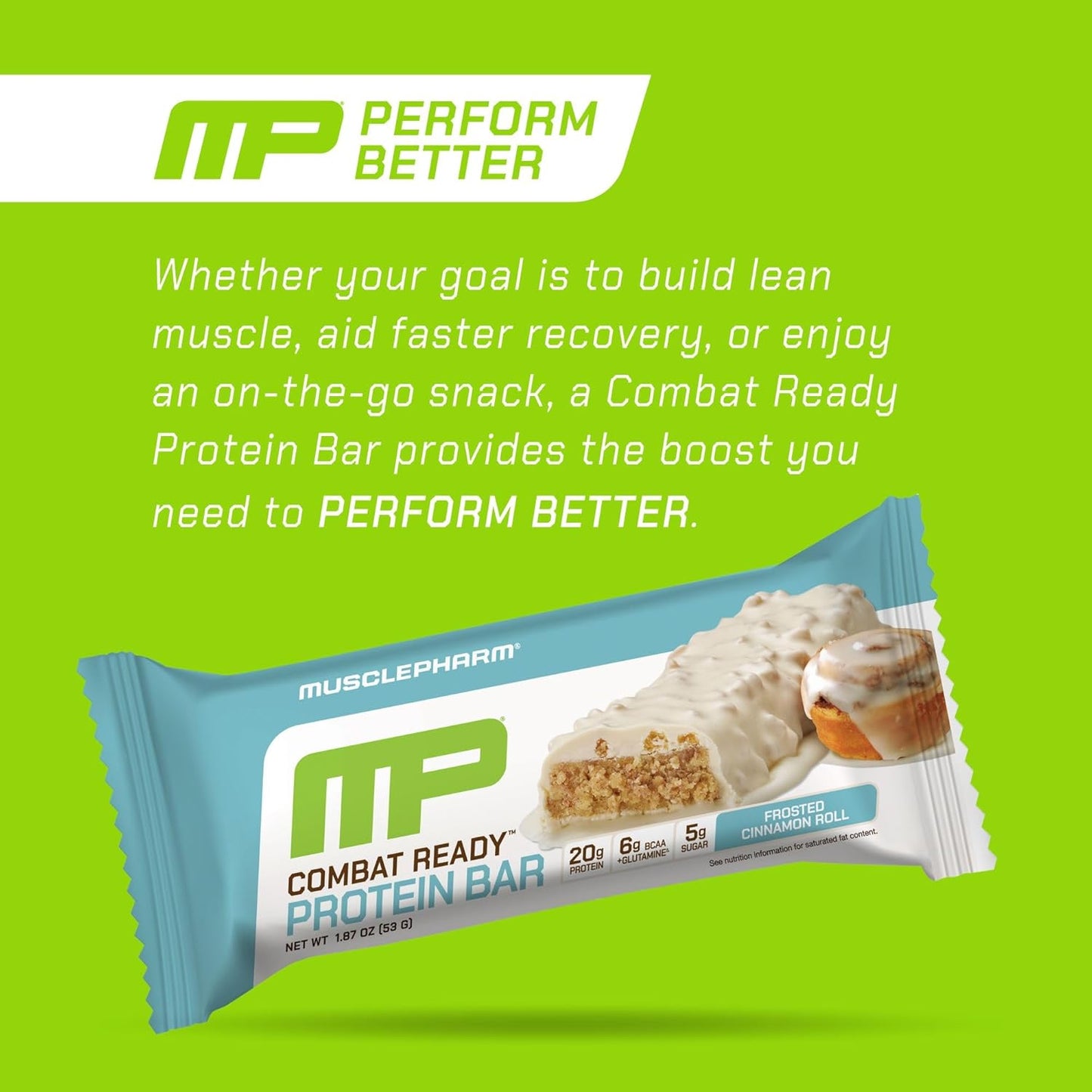 MusclePharm Combat Ready Protein Bar, Cinnamon Roll High Protein Bars, Combat Cravings, Fuel Performance & Meet Energy Demands, 20g Protein from Whey Protein, 3g Fiber, Gluten Free, 12 Bars