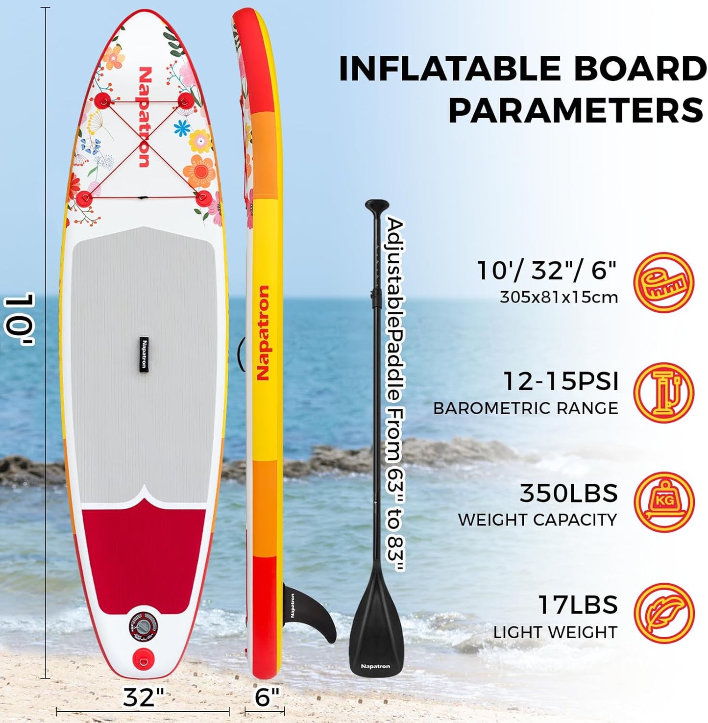 Napatron Family Inflatable Stand Up Paddle Board, Sup,Stable Wide Design,350LBS Capacity,Complete Paddle Board Package with Fast Action Pump,Leash,Ideal for Beginners/Youth & AllSkill Levels