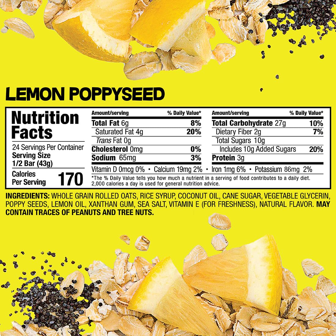 Bobo's Oatmeal Bars, Lemon Poppyseed, Gluten Free Vegan Whole Grain Oat Bars, Pack of 12