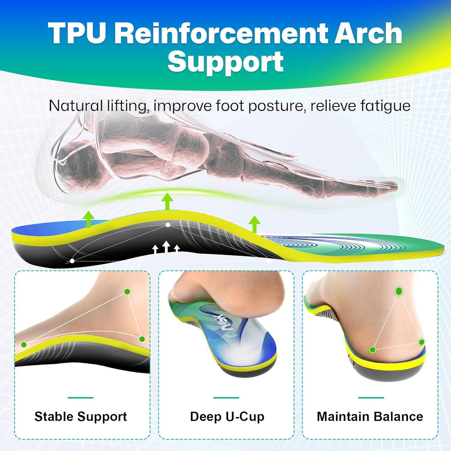 Upgraded Plantar Fasciitis Insoles, 240lbs Heavy Duty Work Boot Insoles for Men, Arch Support Orthotics Inserts, Athletic Gel Shoe Inserts for Pain Relief, Flat Feet, Standing All Day - XL