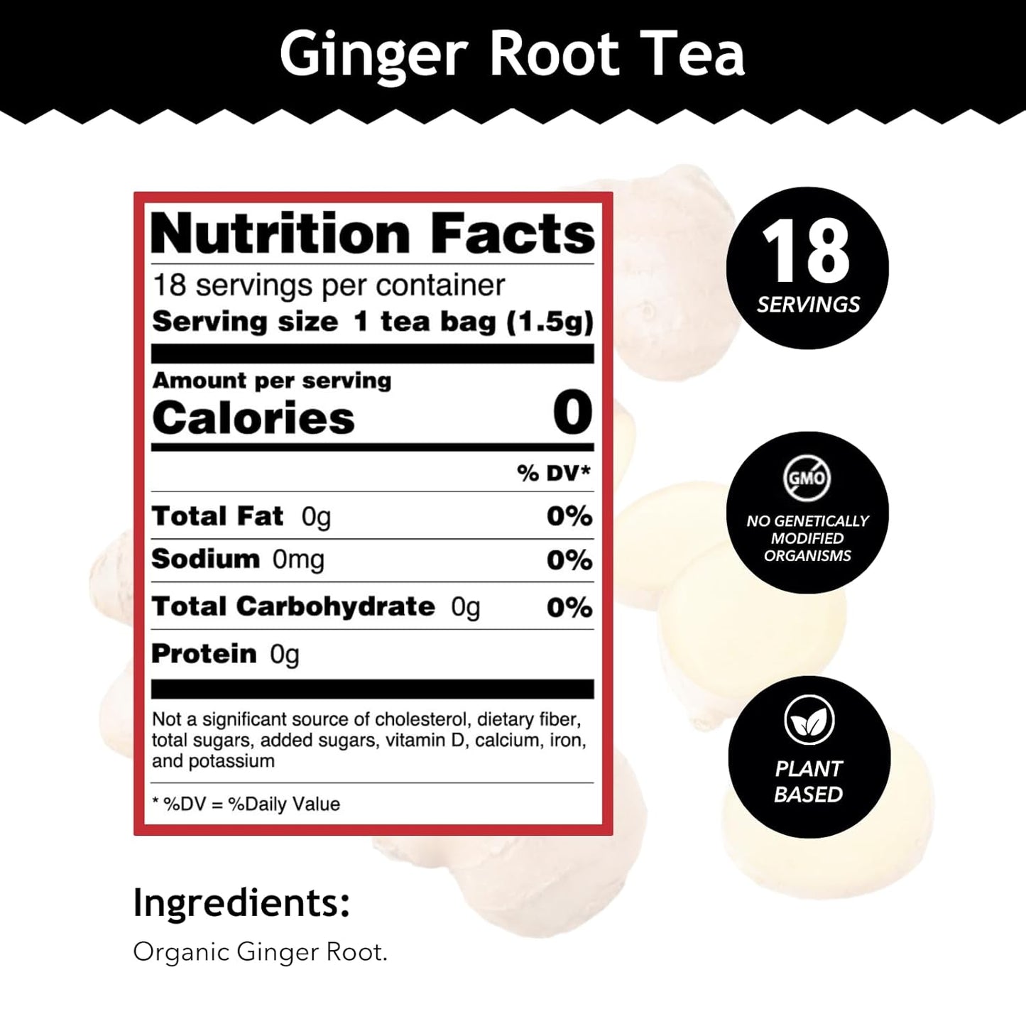 Buddha Teas - Organic Ginger Root Tea - Herbal Tea - For Health & Wellbeing - With Antioxidants & Minerals - Clean Ingredients - Caffeine Free - OU Kosher & Non-GMO - 18 Tea Bags (Pack of 1)