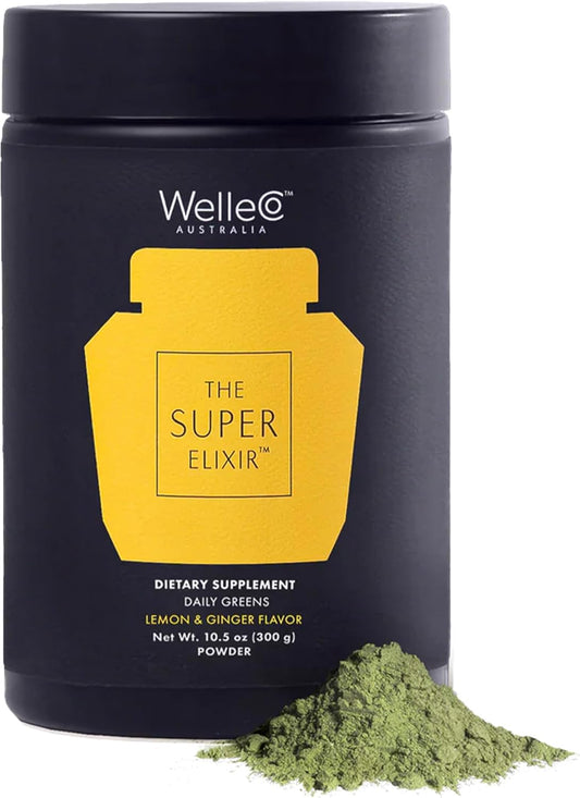 WelleCo The Super Elixir Daily Greens Powder, Probiotic Drink Mix with Whole Foods, Gluten Free, Vegan Gut Health Powder, Energy, Immunity, Healthy Skin, Hair & Nails (300g, Lemon Ginger)