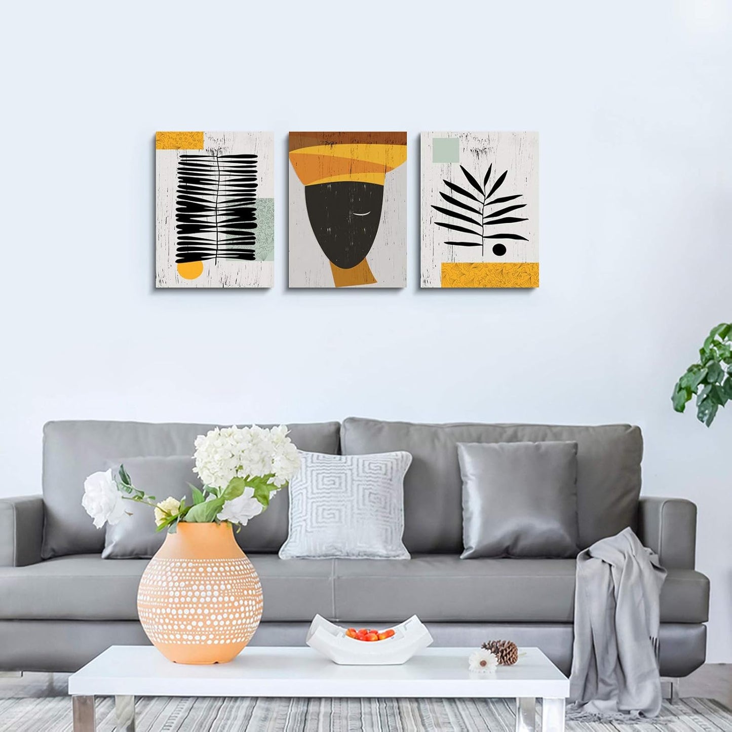 Framed Canvas Wall Art African Ethno Motive Wall Art Set, Abstract Ethno Art, African American Woman Portrait, Black Orange Print, Contemporary Collage, Minimalist (A-3pcs,12x16inchx3pcs)