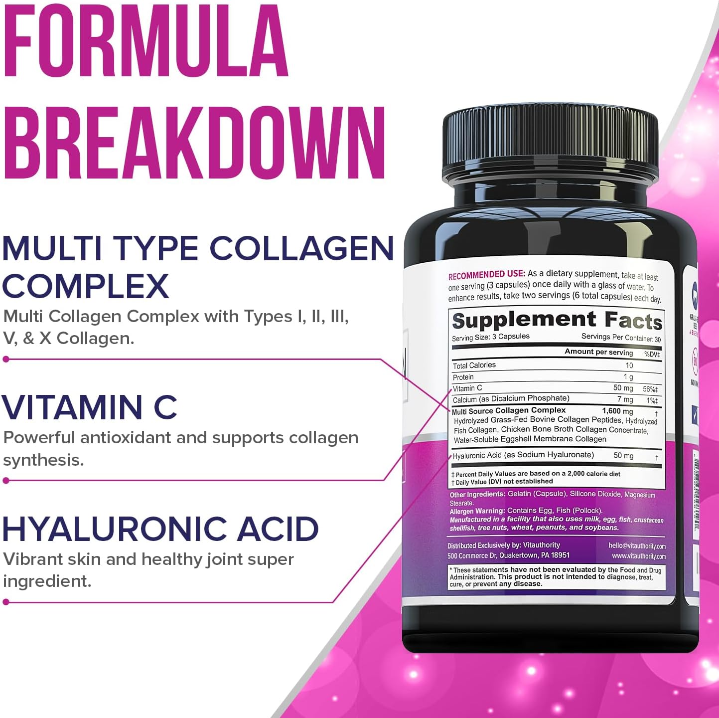 Multi Collagen Peptides Capsules for Women - Hydrolyzed Collagen for Women Pills with Types I II III V & X Plus Vitamin C & Hyaluronic Acid for Beautiful Hair Skin and Nails - 30 Servings