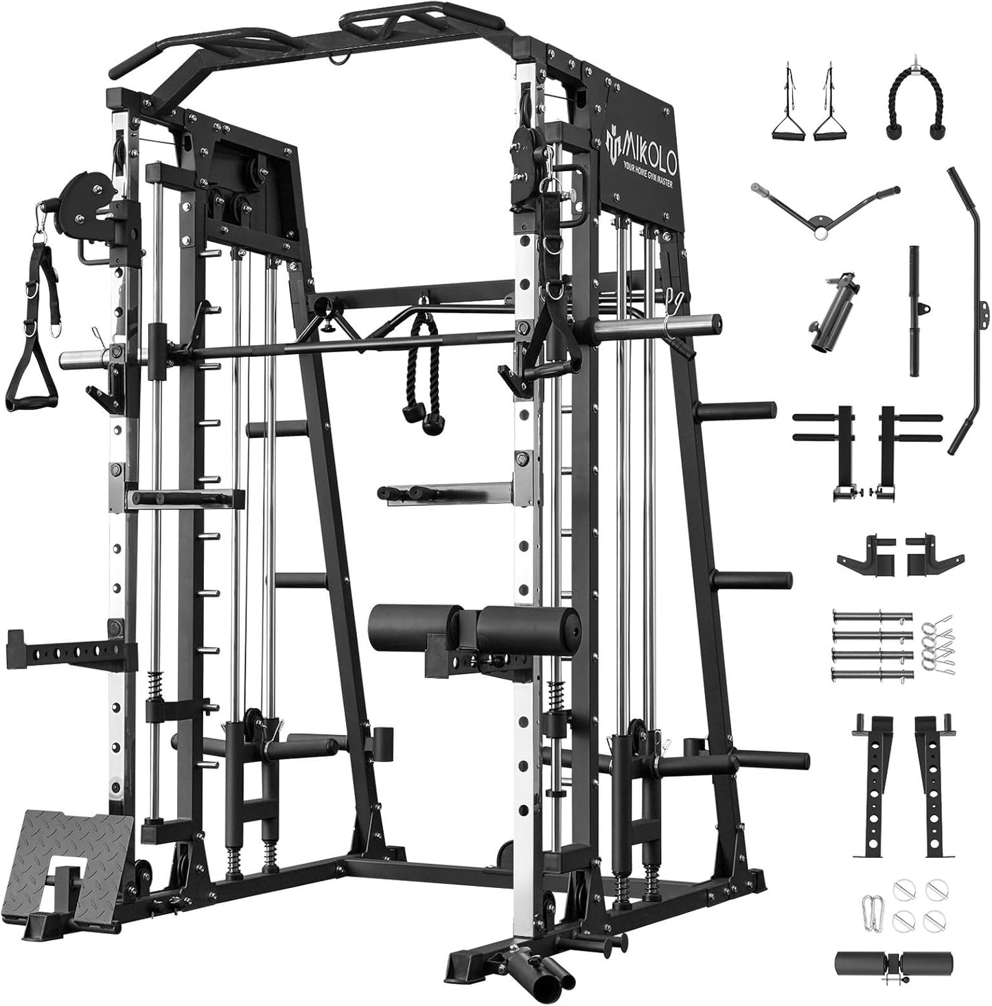 Mikolo Smith Machine, 2200lbs Squat Rack with LAT-Pull Down System & Cable Crossover Machine, Training Equipment with Leg Hold-Down Attachment