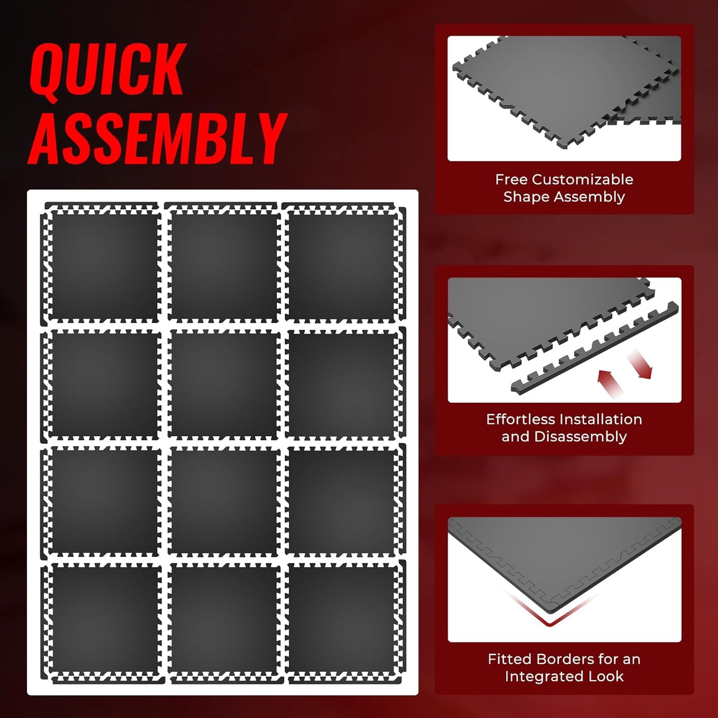 SUPERJARE 0.56'' Thick 12 Pcs 48 Sq Ft Rubber Top Exercise Equipment Mats, High Density EVA Foam Mats with Rubber Top, Interlocking Gym Flooring for Home Gym, Protective Workout Mat, Black