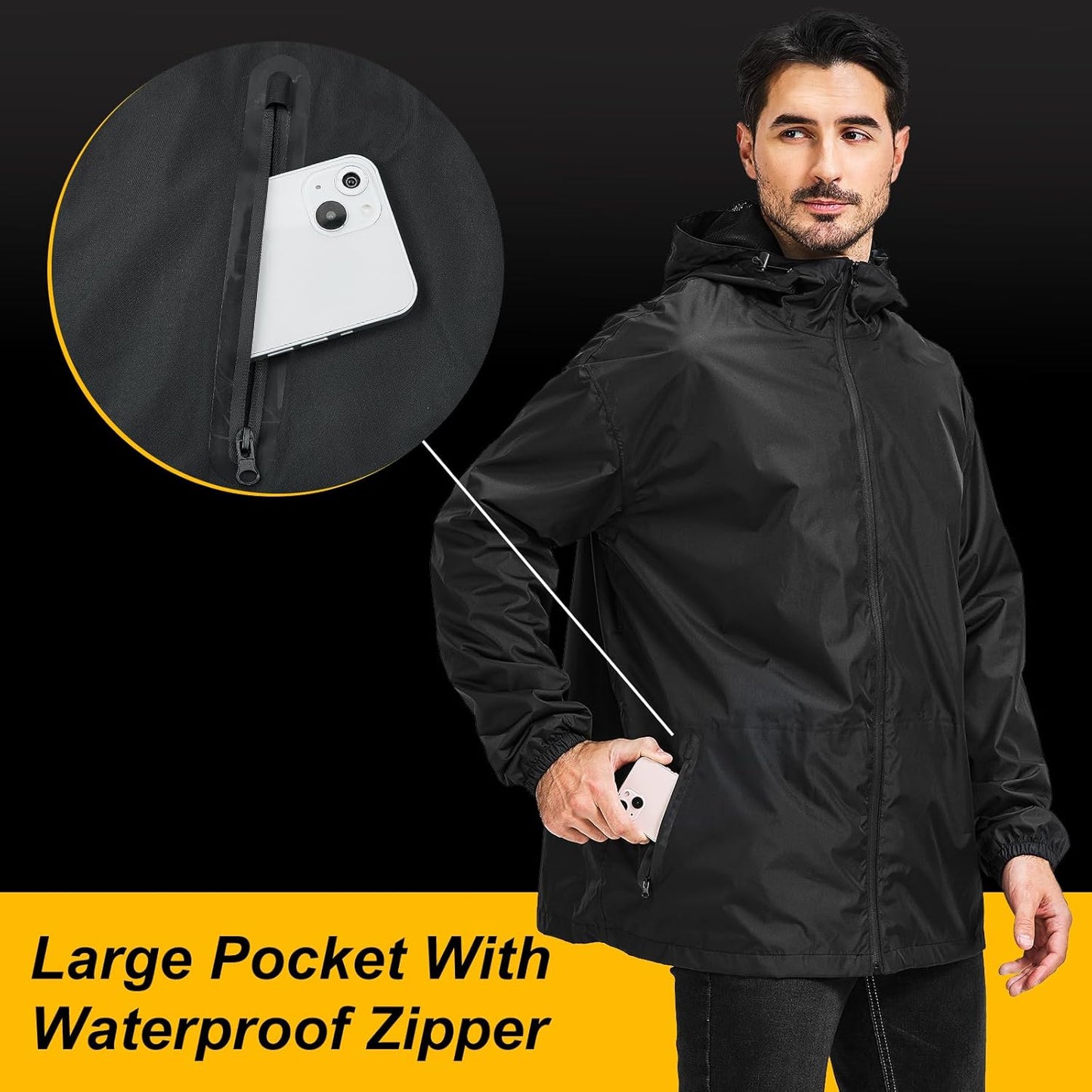 Men's Packable Rain Jacket Waterproof Outdoor Classic Lightweight Raincoat Hooded Windbreaker