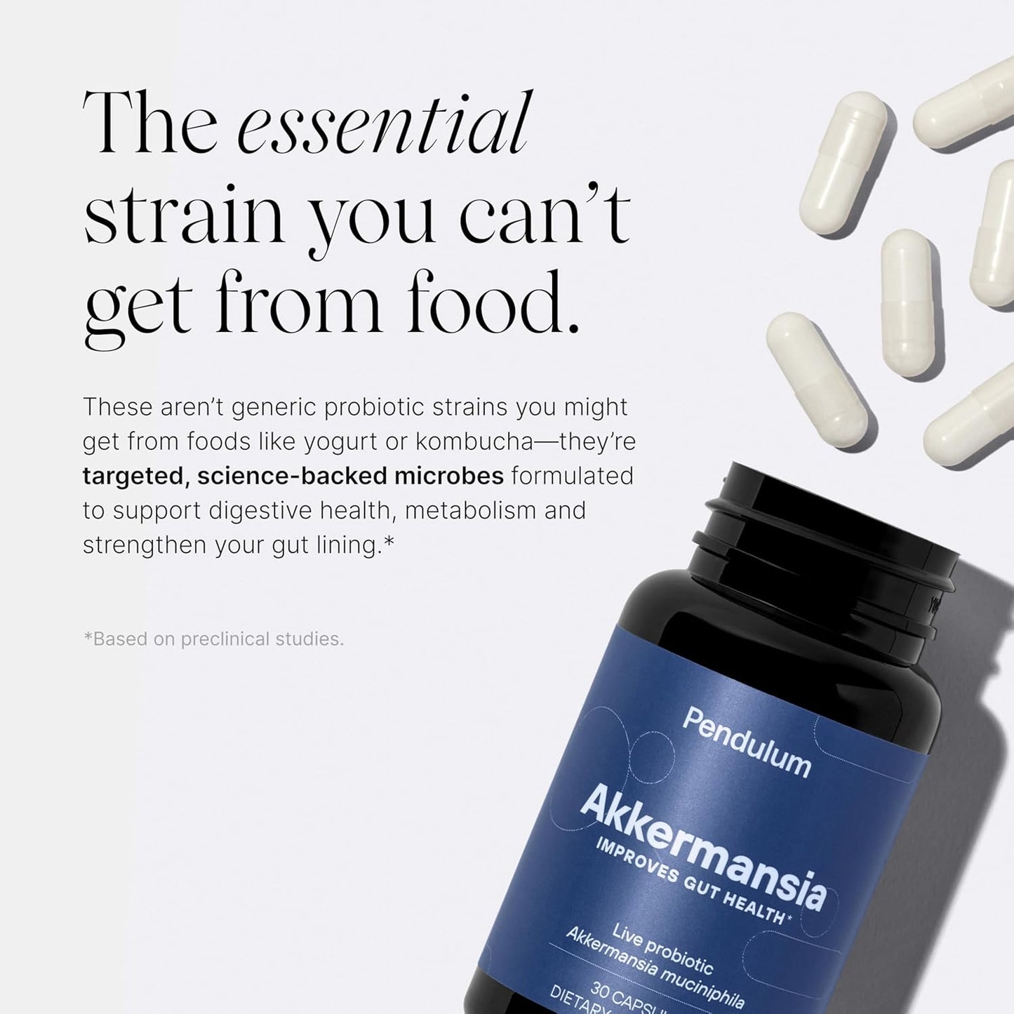 Pendulum Akkermansia Probiotic with Prebiotic Fiber - Delayed Release Capsules, Third-Party Tested, Authentic 100M AFU Live Strain for Gut Health & GLP-1 Support for Men & Women (90 Capsules, 1-Pack)