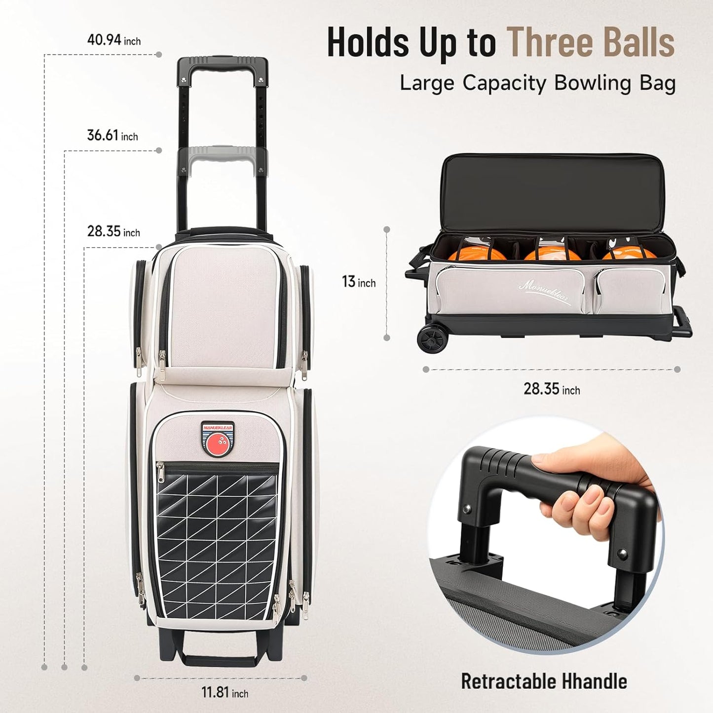 MANUEKLEAR 3 Ball Bowling Bags with Wheels, Bowling Ball Bag 3 Ball Roller with Accessory Pockets and Shoe Compartment