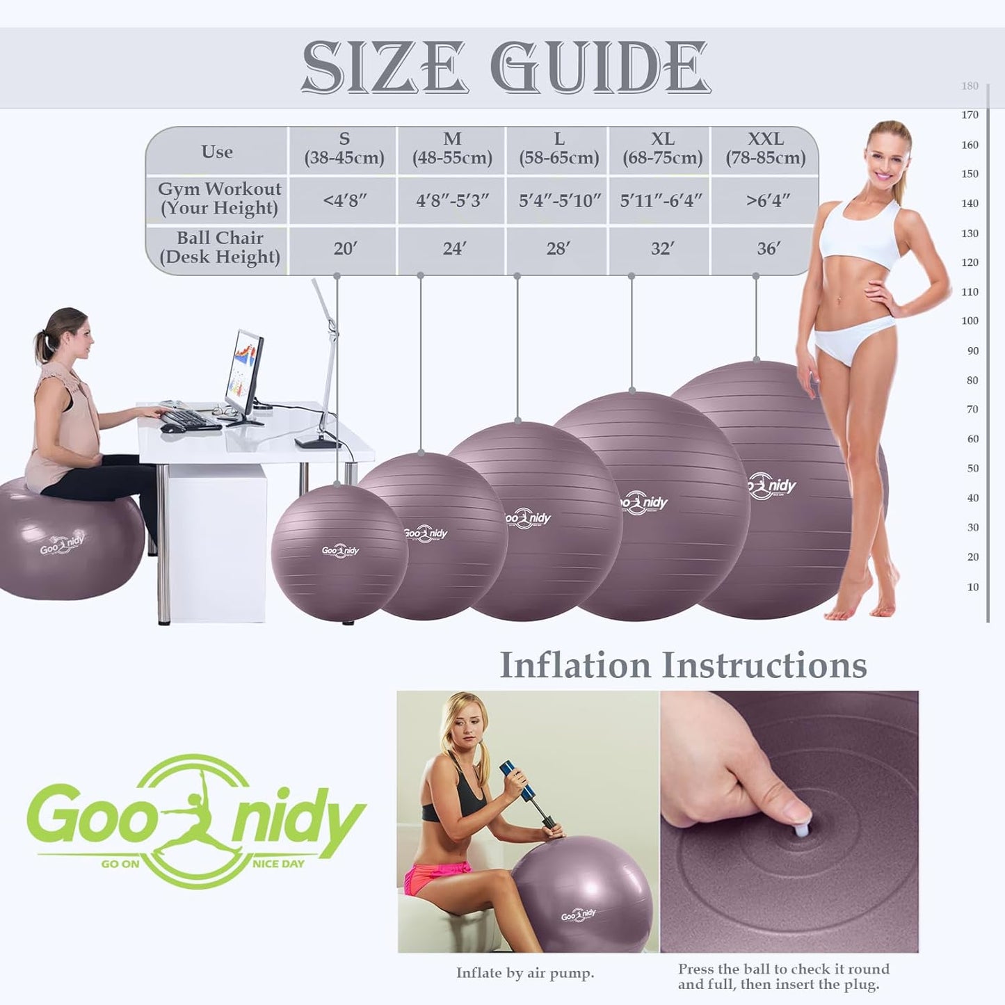 Soft Exercise ball, Anti-Burst Yoga Ball Chair Supports 2200lbs, Workout Equipment w/ Pump for Women Pregnancy, Medicine, Birthing, Physical Therapy, Stability, Excersing, Birth, Swiss, Fitness, Gym