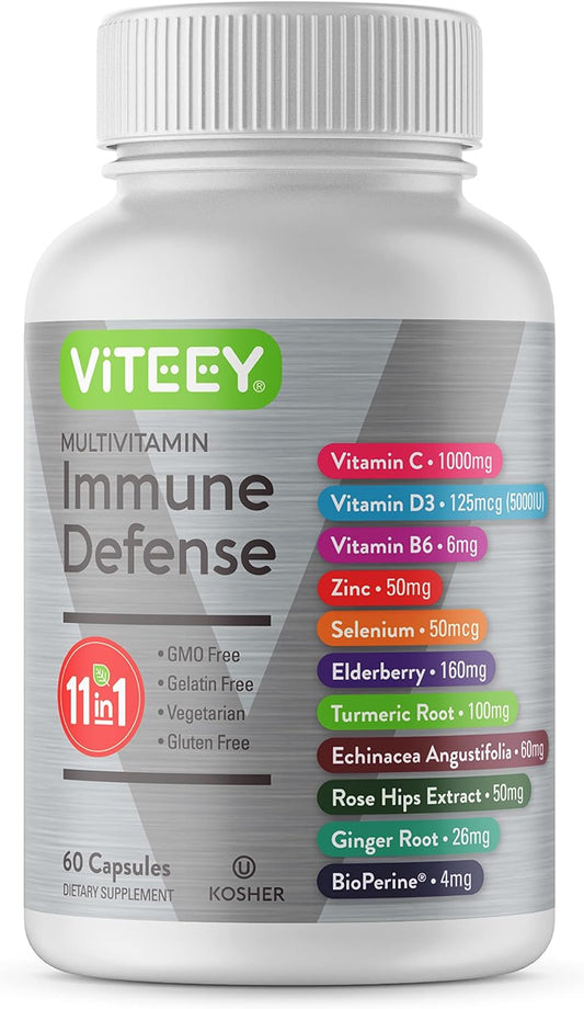 Viteey 11 in 1 Immune Support Supplement - Immune Defense with Vitamin D3, B6, Echinacea, Turmeric, Rose-HIPS, Selenium, BioPerine, Ginger, Elderberry Vitamin C and Zinc - 60 Count