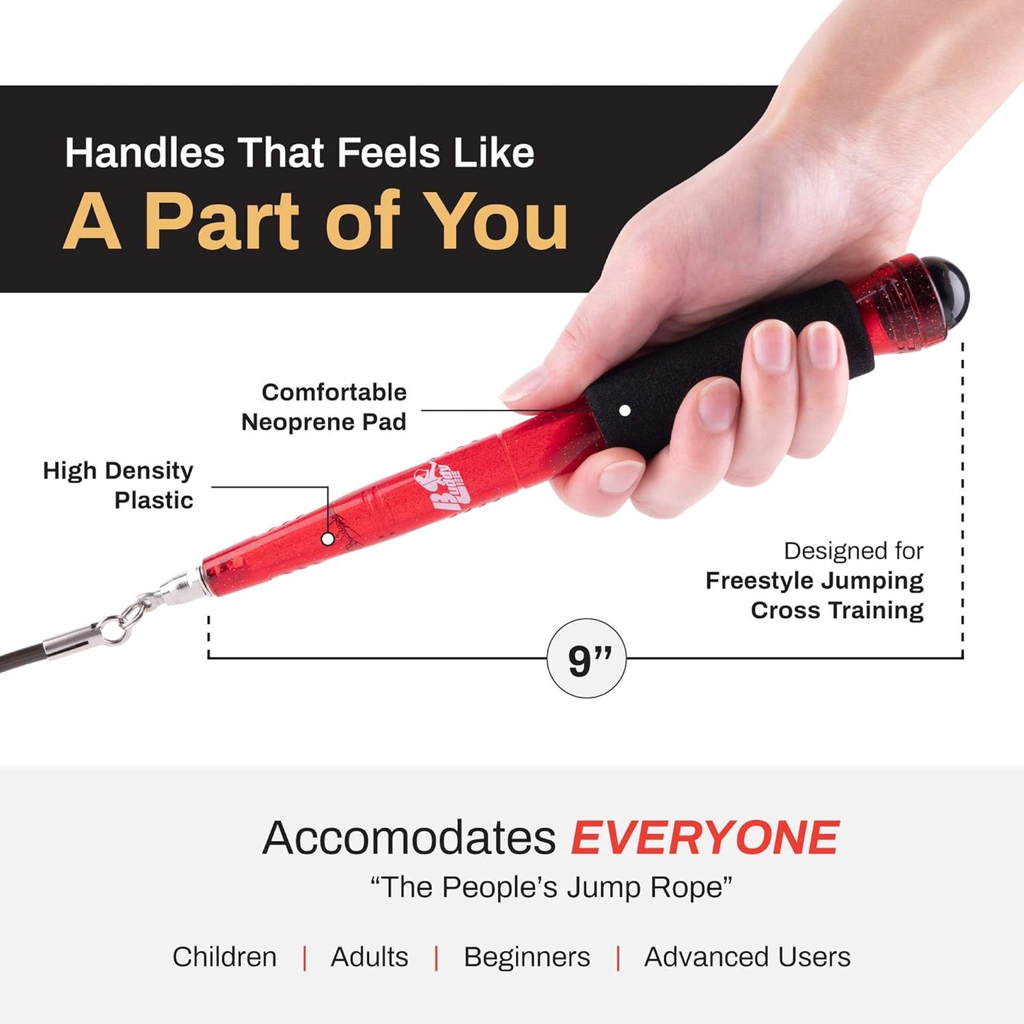 Buddy Lee Jump Ropes Rope Master Original Ball Bearing Jump Rope, 9” HD Plastic Handles. Perfect Jump Rope for Fitness, CrossFit Gym, Endurance Jumping, Cross Overs, Extreme Jumping