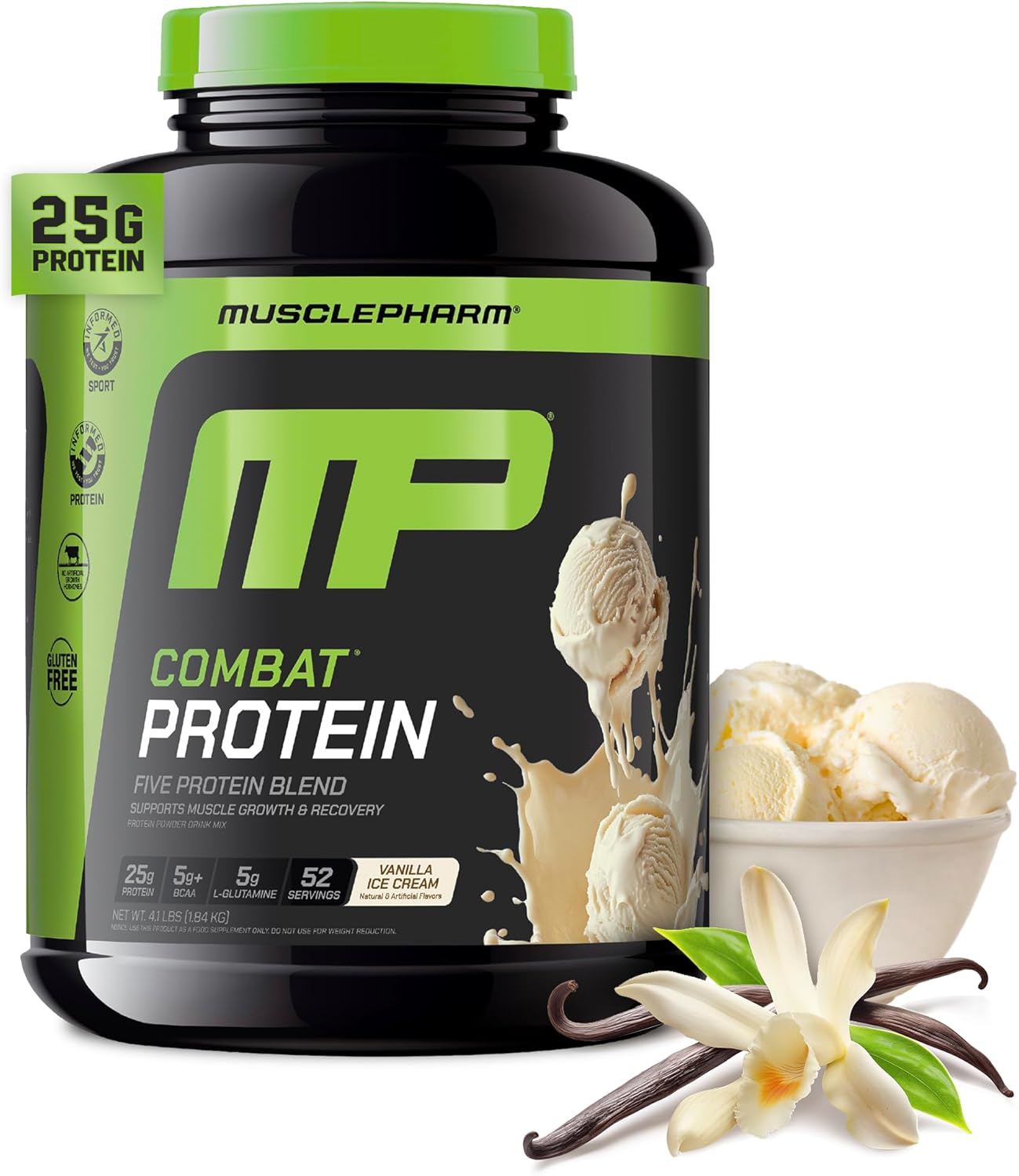 MusclePharm Combat Protein Powder, Vanilla Flavor, Fuels Muscles for Productive Workouts, 5 Protein Sources including Whey Protein Isolate & Egg Albumin, Gluten Free, 4 lb, 52 Servings