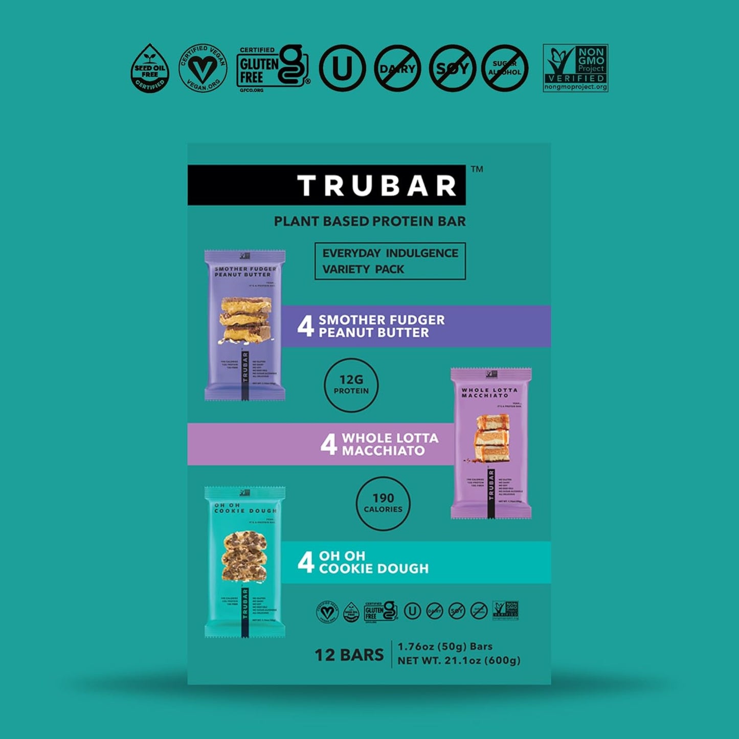 TRUBAR Vegan Protein Bar Variety Pack, Assorted Flavors, Peanut Butter, Macchiato, Cookie Dough, Gluten Free, Vegan Protein Snacks, 12G Plant-Based Protein, High Fiber, Healthy Protein Bars, 12 CT