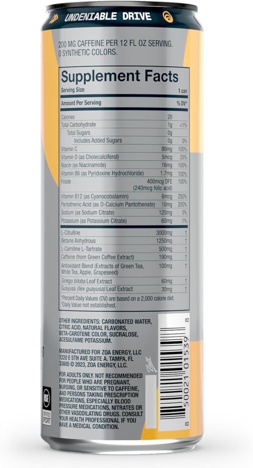 ZOA+ Pre-Workout Energy Drink Supplement - NSF Certified for Sport with Zero Sugar, Nitric Oxide Support, B & D Vitamins, Amino Acids, and Electrolytes (Pineapple Passion Fruit) - 12 pack