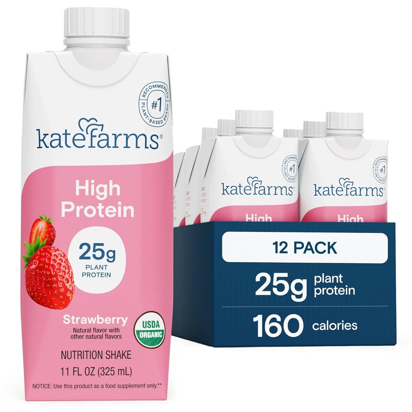 KATE FARMS Organic High Protein Strawberry Nutrition Shake, 25g Protein, 6g Fiber, 27 Vitamins and Minerals, 0g Sugar, Protein Drink, 11 oz (12 Pack)
