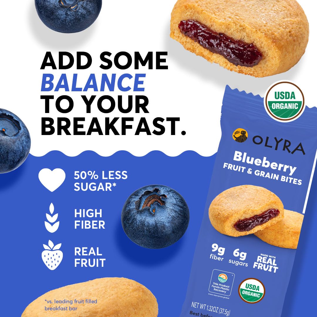 Olyra Blueberry Organic Bars, Prebiotic High Fiber Bars, Healthy Snacks for Kids, Low Sugar, Vegan, Office Bar, USDA Certified Organic, Non GMO (Pack of 12)