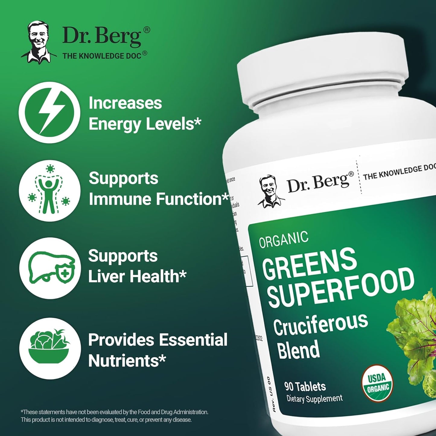 Dr. Berg's Greens Superfood Cruciferous Vegetable Tablets - Vegetable Supplements for Adults w/ 11 Phytonutrient Super Greens - Energy, Immune System & Liver Veggie Tablets - 90 Tablet