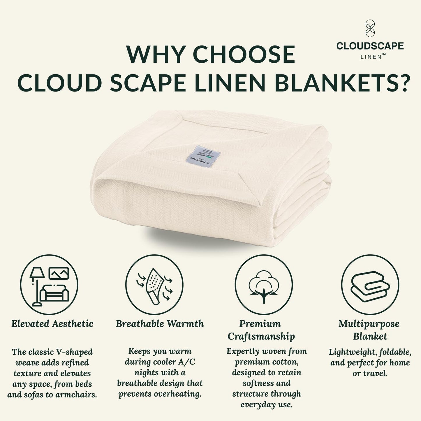 Cloud Scape Linen 100% Cotton Queen Size Blanket, Herringbone Pattern, Lightweight Summer Blanket,Best Gifts for Women, fits Full Size Bed, 92 x 92, Ivory