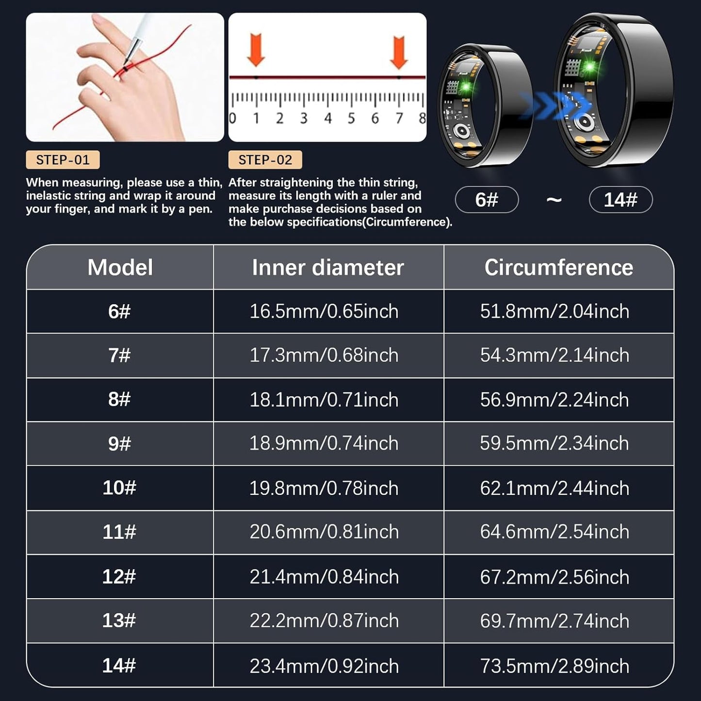 Health Tracker Ring, Smart Health Ring for Women Men with Heart Rate, Blood Oxygen, Sleep Monitor, Steps,Calories, No Subscription Fee, IP68 Waterproof Smart Ring for iPhone & Android (Black, 13#)