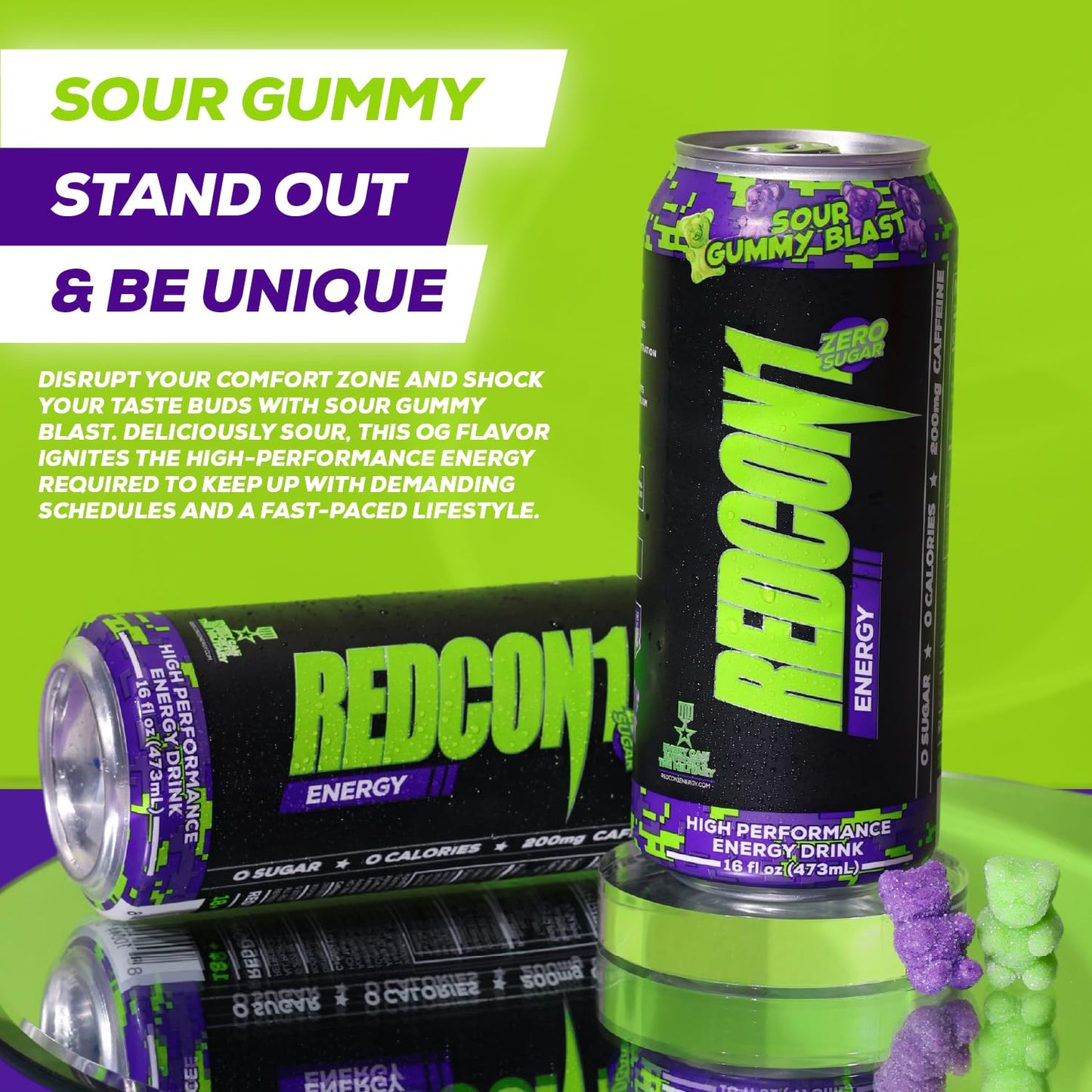 REDCON1 Energy High Performance Drink, Sour Gummy Blast - Zero Sugar Energy Drink with Alpha GPC Nootropic - 200mg Natural Caffeine from Green Coffee Beans - Vitamin B6, B12 & B5 to Boost Mood (12 ct)