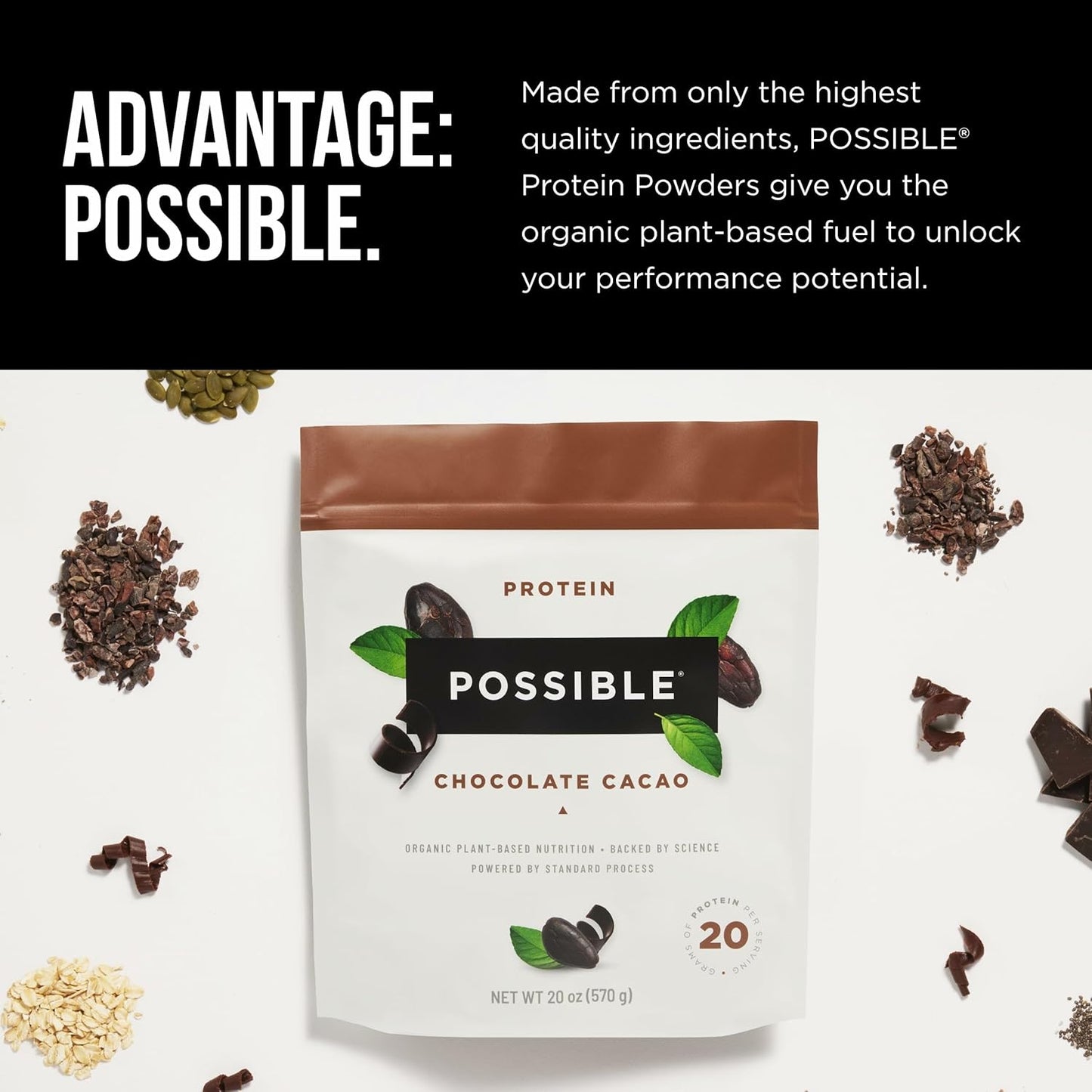 Possible Protein Powder Chocolate Cacao - 20g of Vegan, Plant-Based Protein Mix - Non-GMO, Non-Dairy, Gluten-Free - 3.5g of BCAAs - 9 Essential Amino Acids - 30-Day Supply - 2 Bag, 30 Servings
